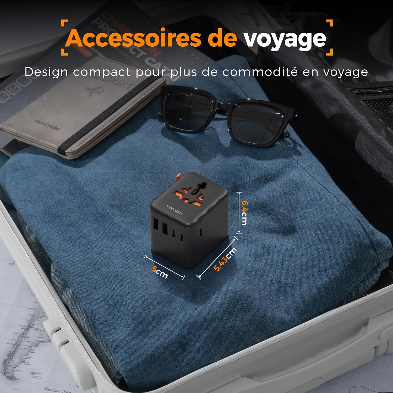 Detalle 2 de TESSAN adaptateur de prise universelle de voyage avec 5 ports USB (3 USB‑C + 2 USB‑A)