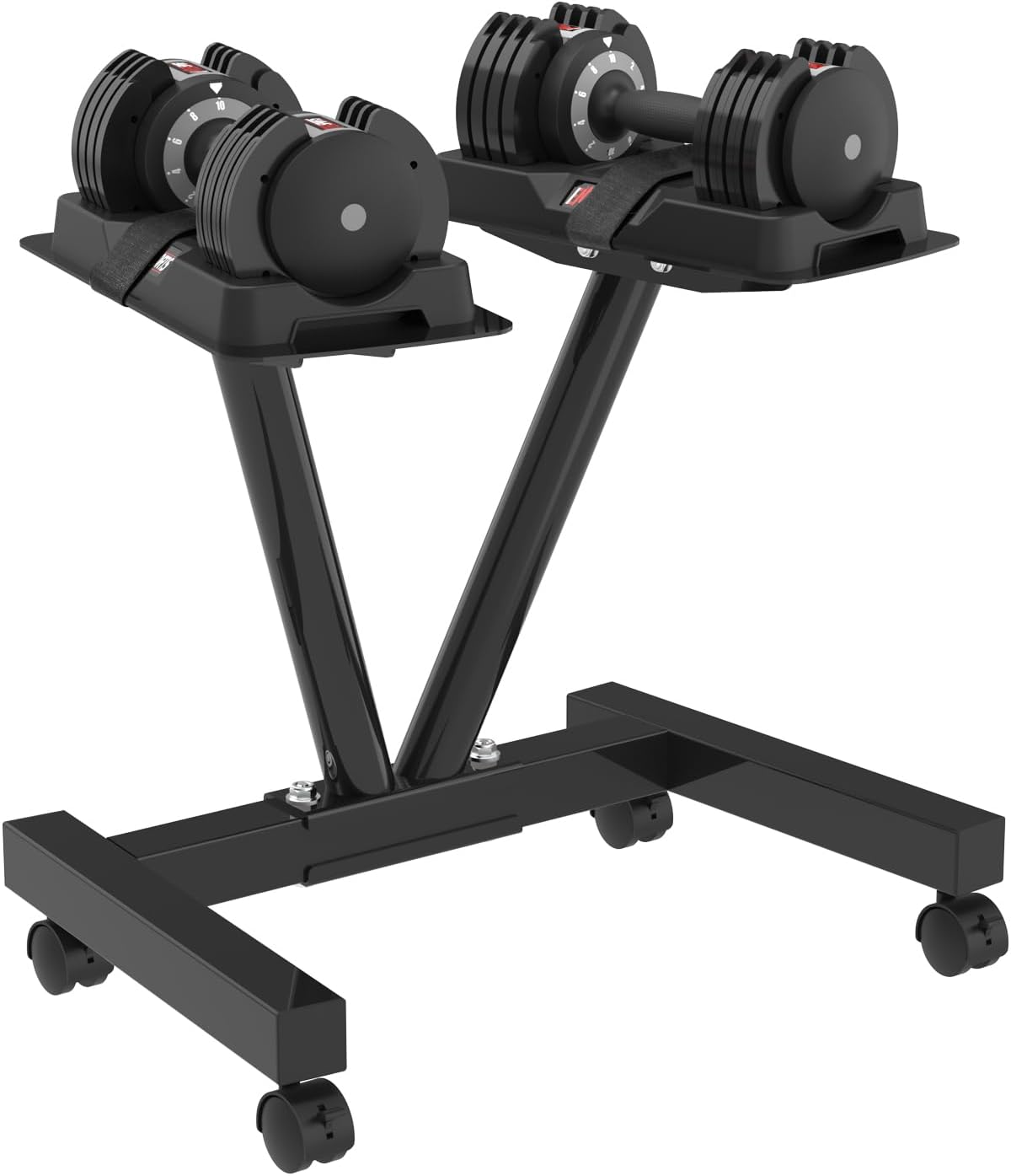 Detalle de EnterSports Adjustable Dumbbell Stand with Wheels, 220 lb Capacity, 5–90 lb Fit