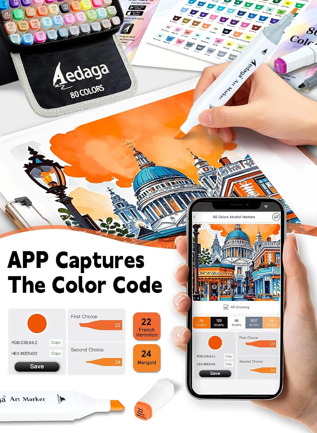Detalle de AEDAGA 120 Colours Alcohol Markers with Free App, Chisel & Fine Tips