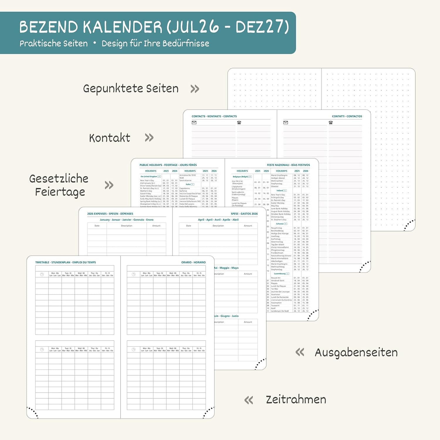 Detalle de BEZEND Kalender 2026/2027 Klein Wochenplaner A6 – PU-Leder Hardcover Blaubeere