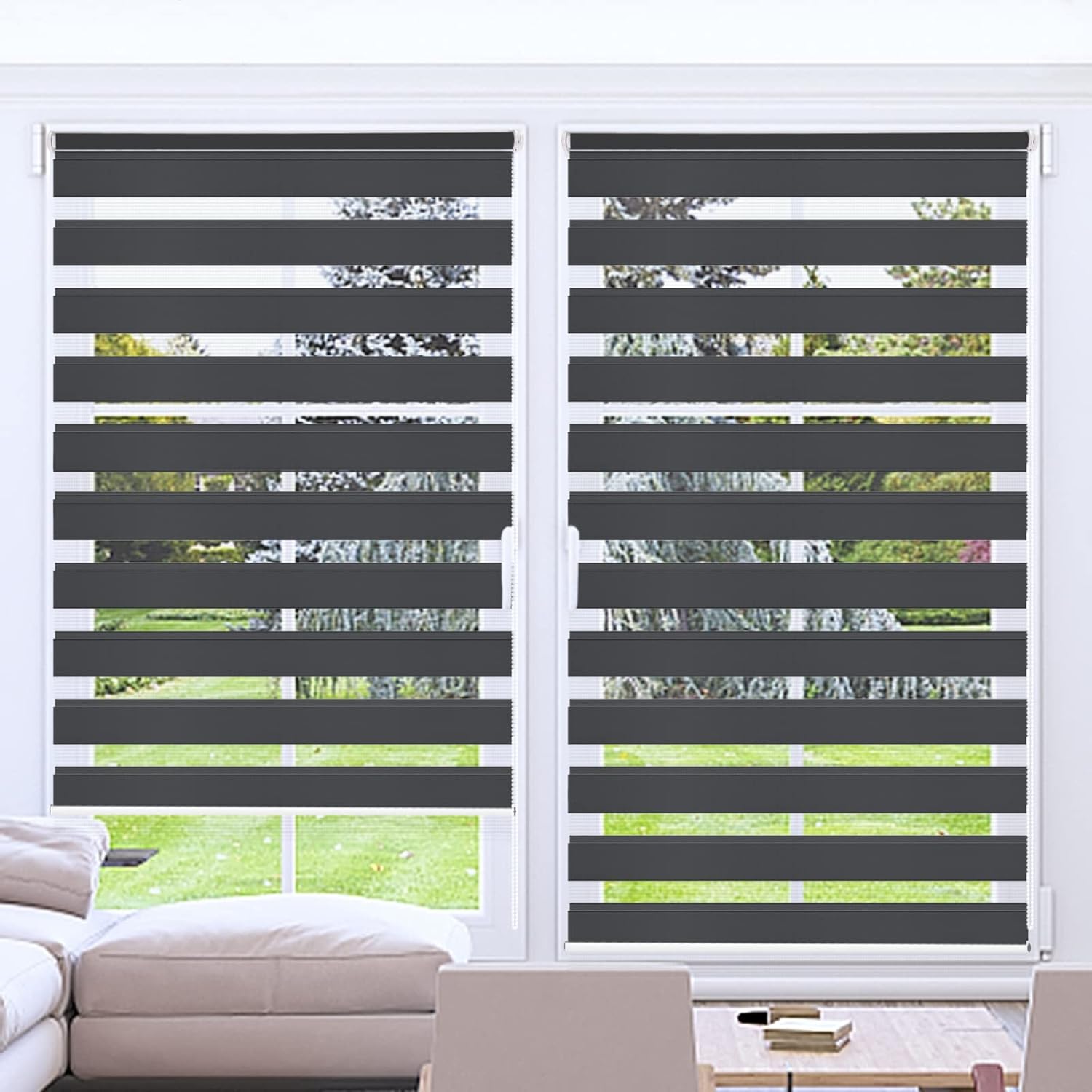 Kokorona Day and Night Zebra Roller Blinds 95cm W x 230cm Drop in Dark Grey