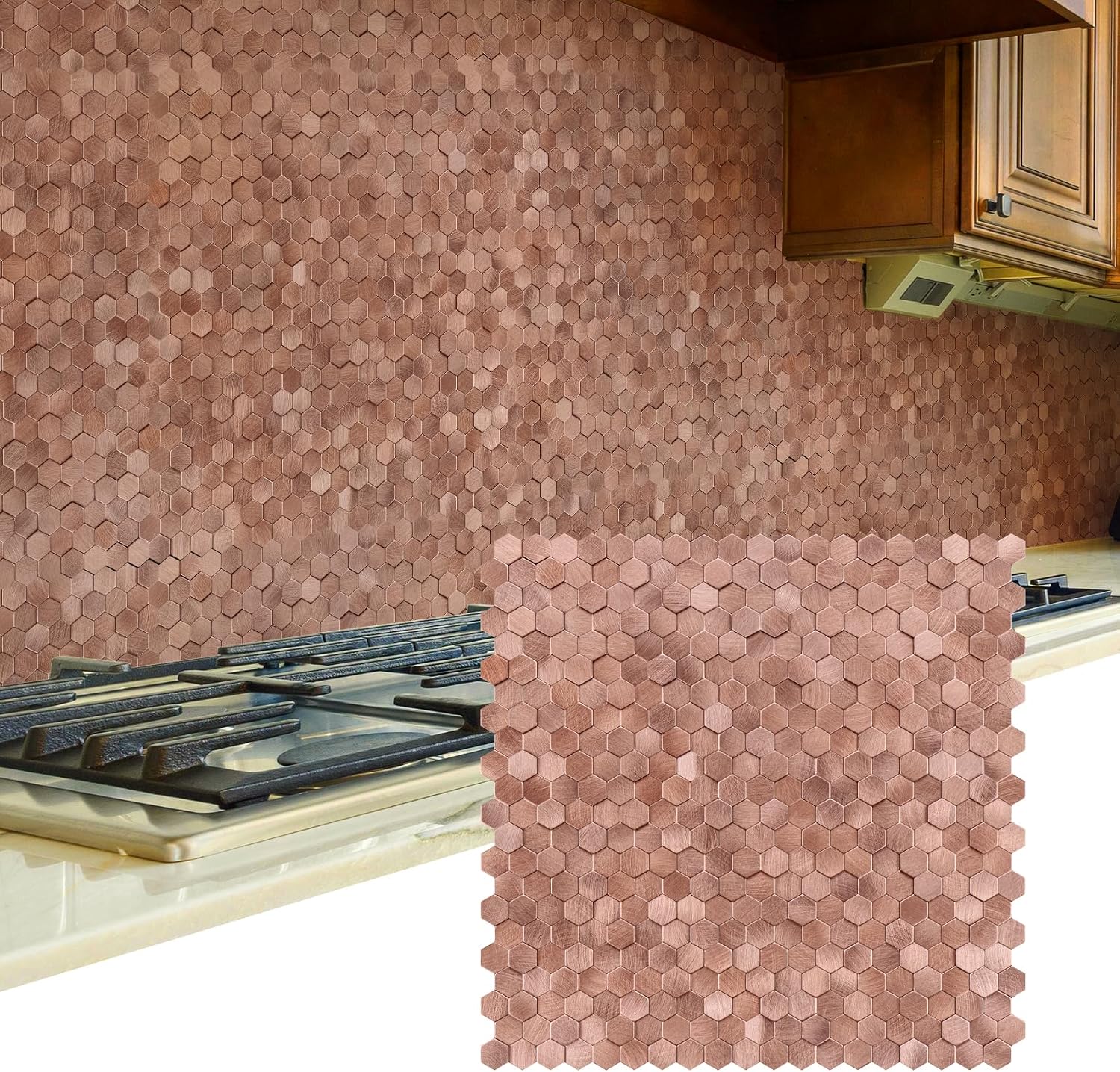 Detalle de STICKGOO Mosaic Peel and Stick Backsplash Tiles, Rose Gold 3D Aluminum Hexagons