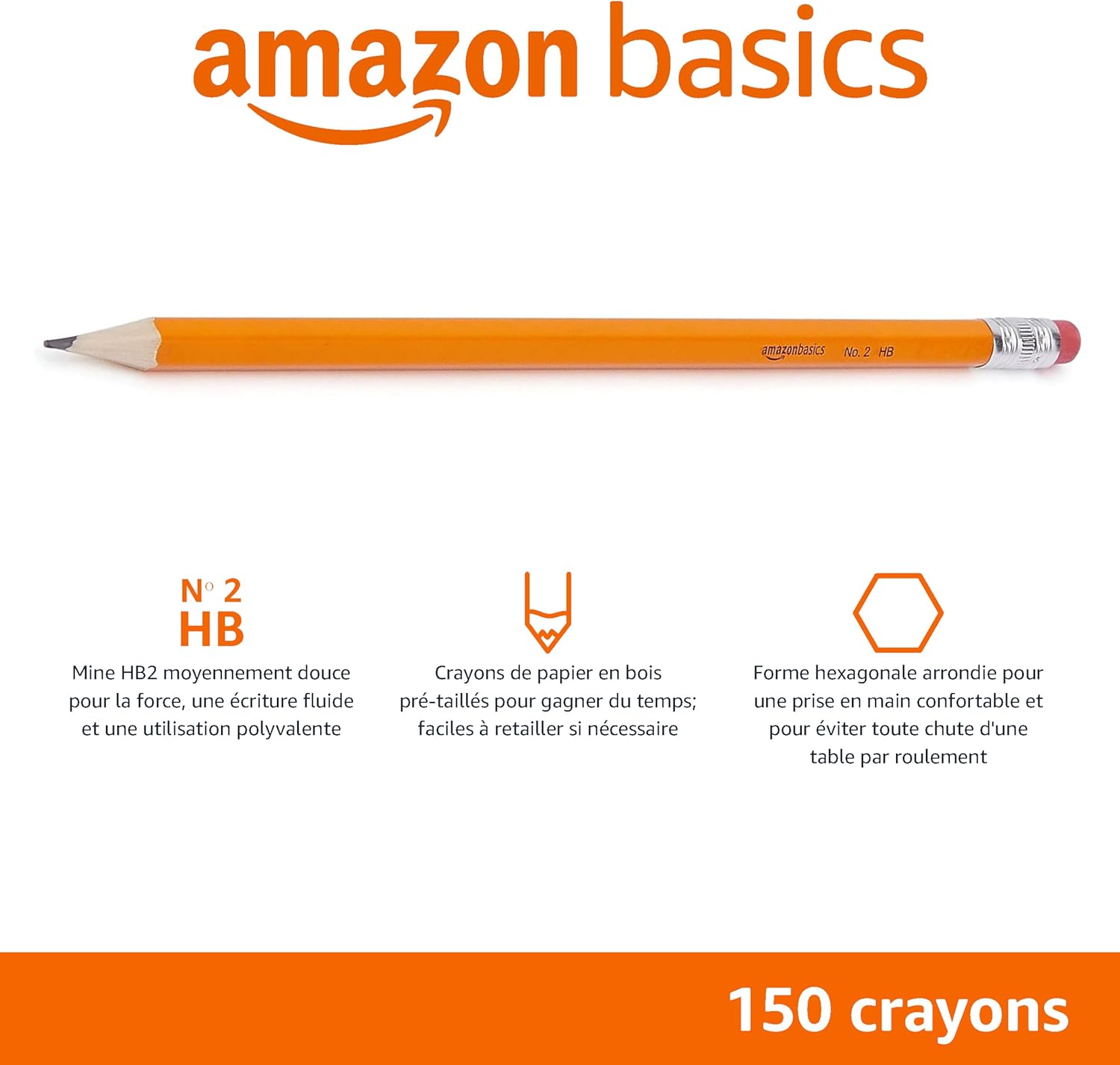 Detalle 2 de Amazon Basics – Lot de 150 Crayons à Papier HB 2, Bois, Pointe Aiguisée et Gomme Sans Latex
