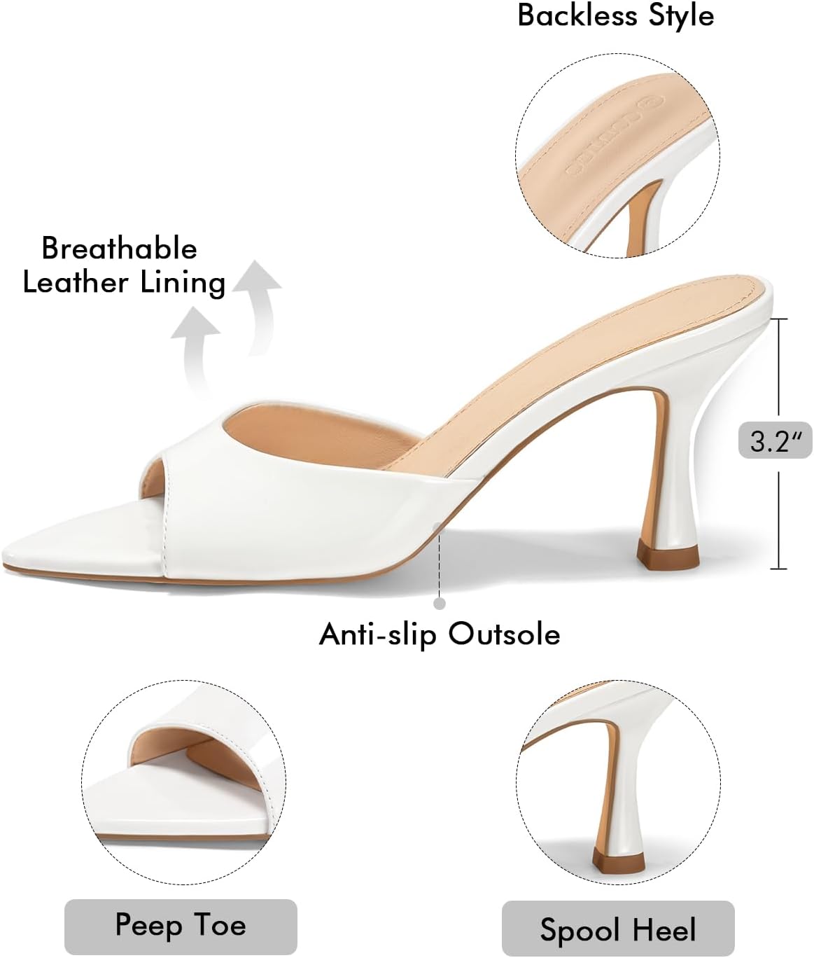 Detalle de Coutgo Women's Heeled Mules: Pointed Peep Toe Backless Slip-On Sandals