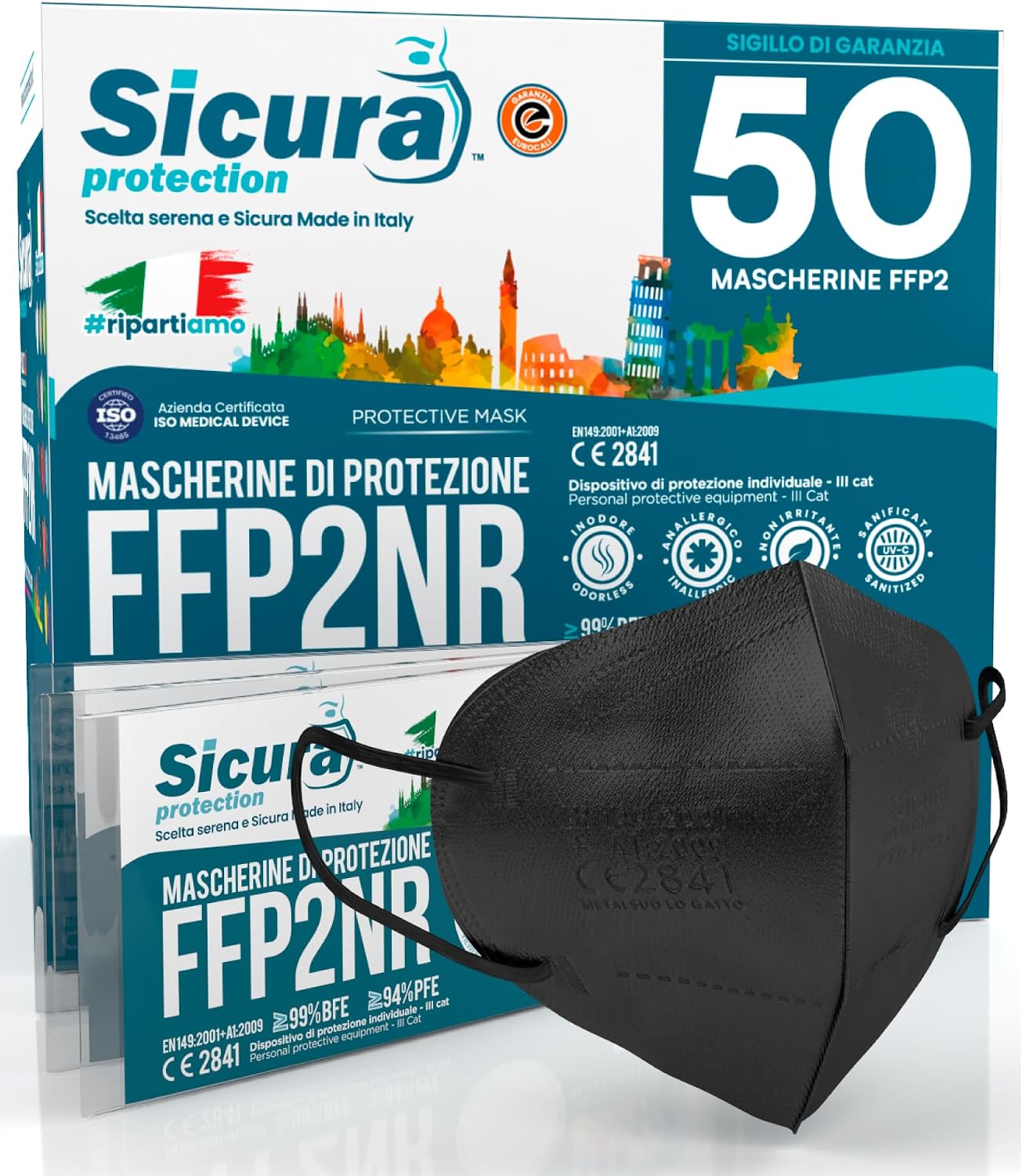 Detalle de Eurocali 50 Mascherine FFP2 nere certificate CE (EN 149:2001+A1:2009) — confezione da 50