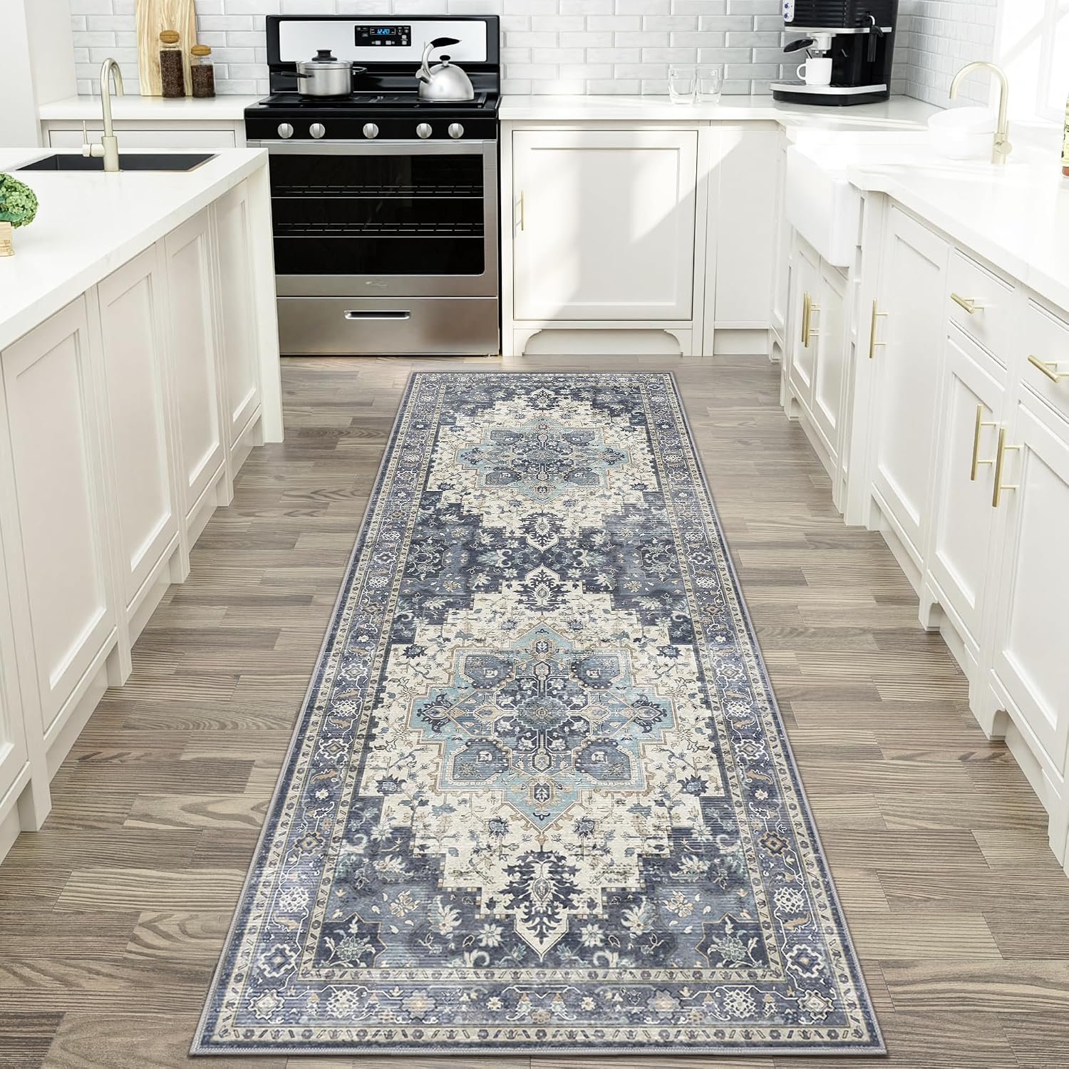Detalle de GENIMO 2x7 Washable Runner Rug Non Slip for Hallway, Blue Ivory Vintage Floral