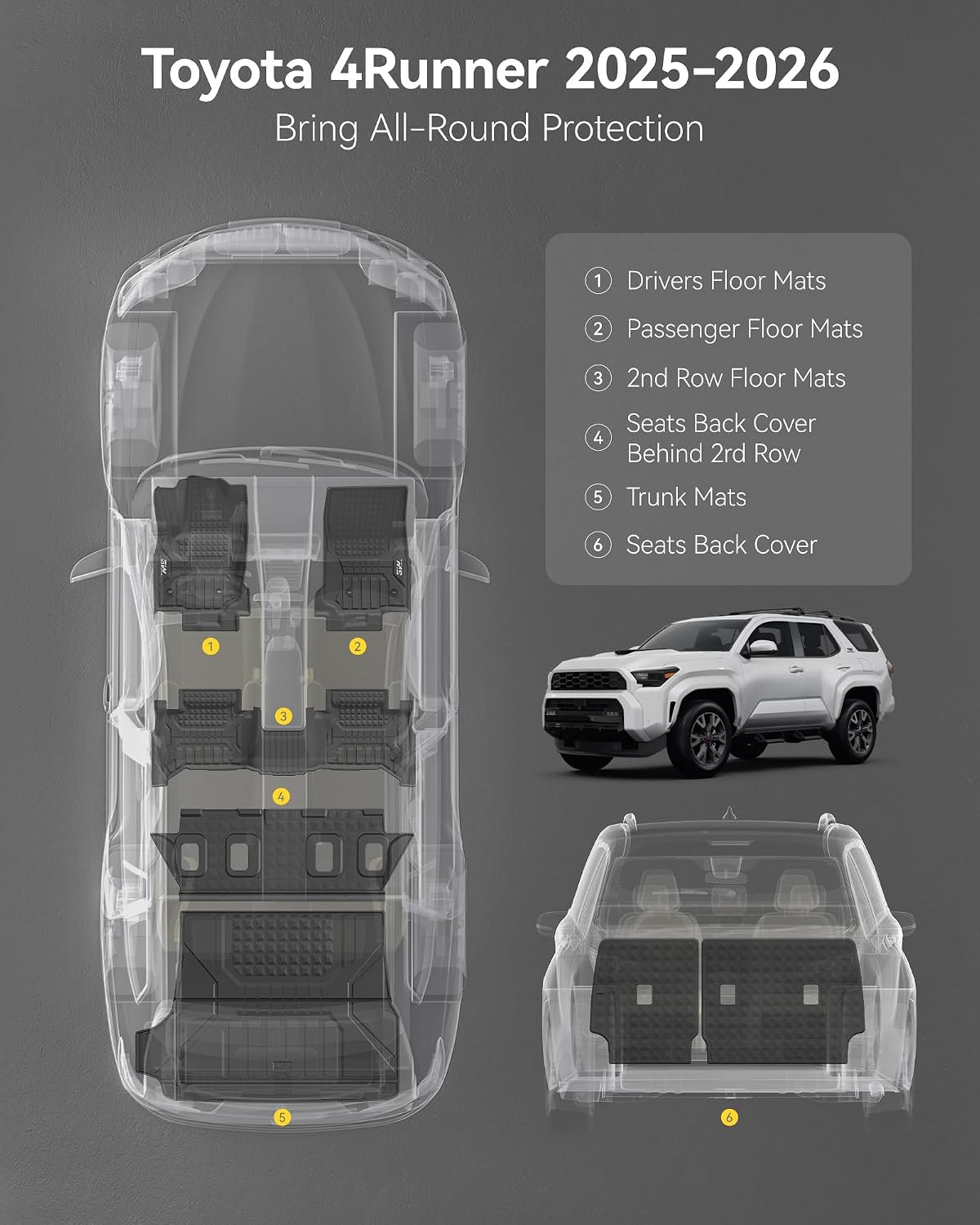 Thumbnail 1 de 3W Floor Mats for Toyota 4Runner 2025–2026 Hybrid — Full 7-Piece All-Weather Floor and Trunk Mat Set