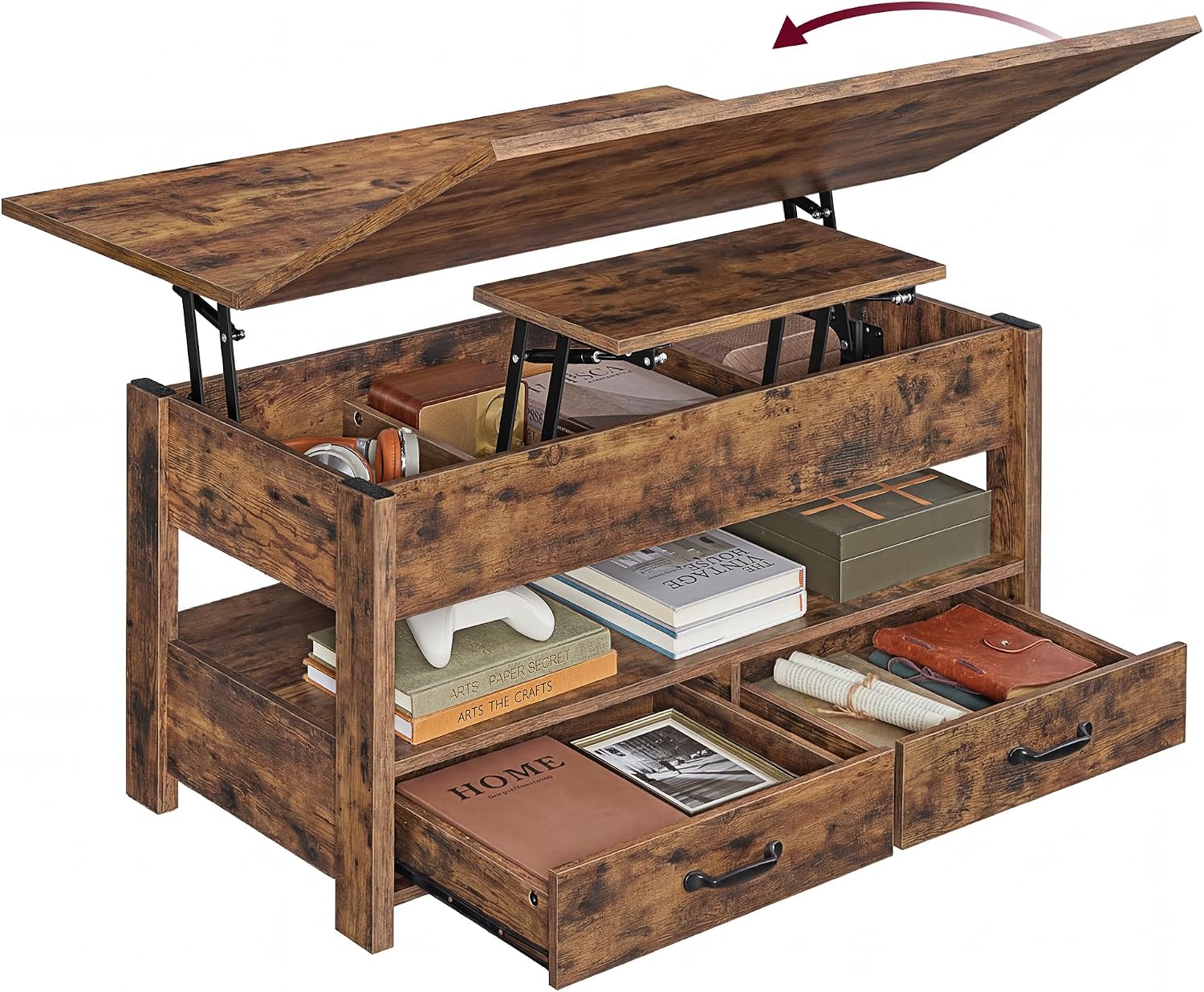 Detalle de VASAGLE LCT254K201 Lift-Top Coffee Table, Vintage Brown, 2 Drawers