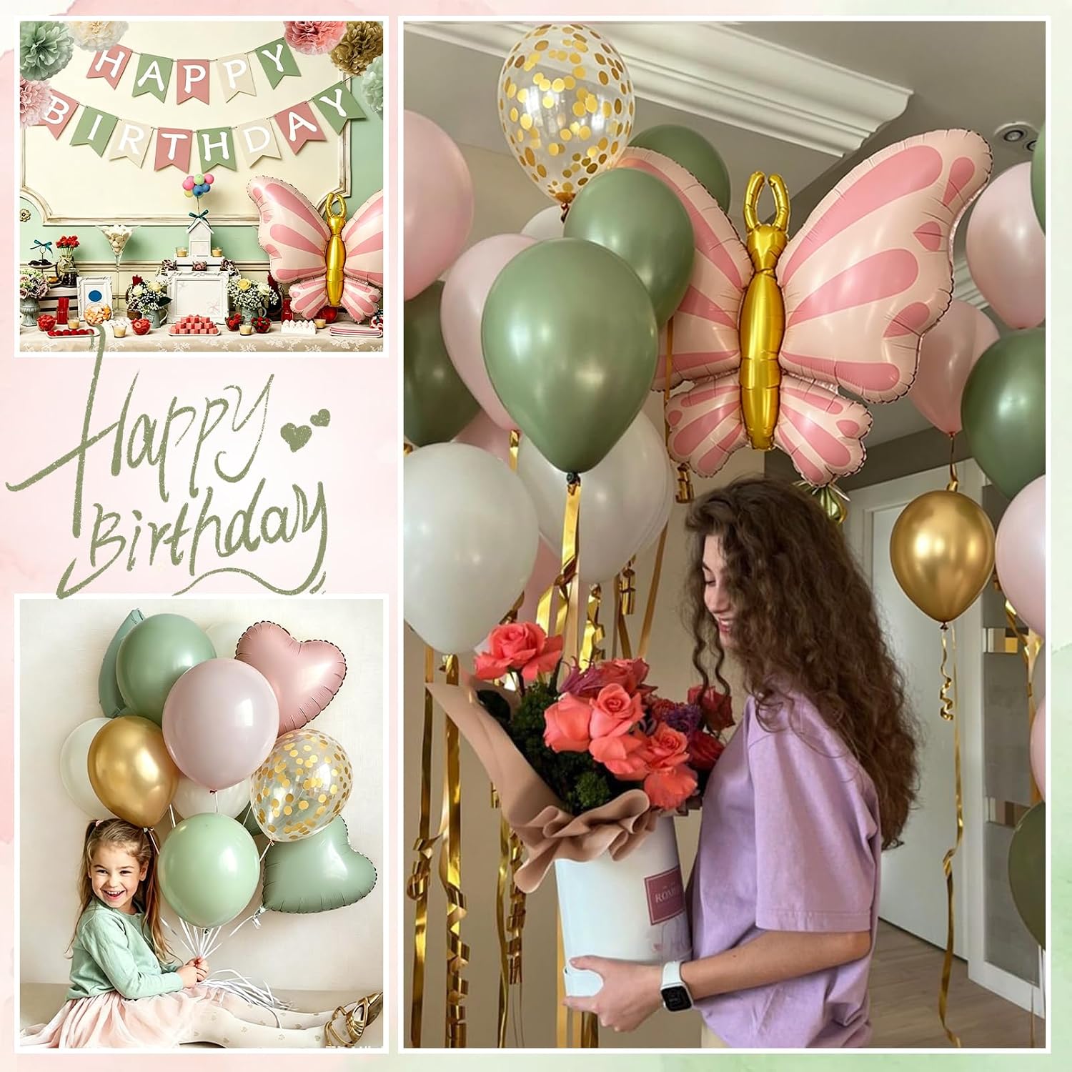 Detalle de Dusty Pink & Green Birthday Decorations Set: A Romantic, Versatile Party Kit