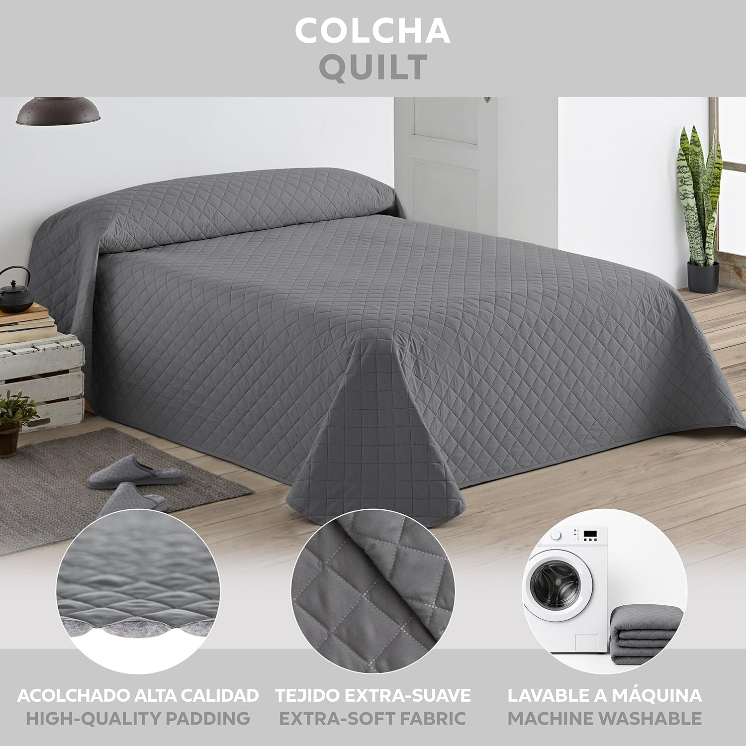 Thumbnail 2 de Easycosy Couvre-lit boutis matelassé gris 230x260 cm pour lit 140x200/150x200 – microfibre respirante Oeko-TEX
