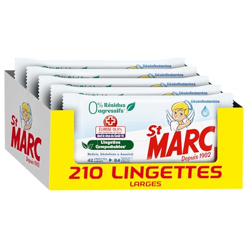 Imagen de St Marc Lingettes Nettoyantes Désinfectantes 0% Résidus Agressifs, Compostable – Lot de 42 lingettes × 5 (210 totales) en OfertitasTOP