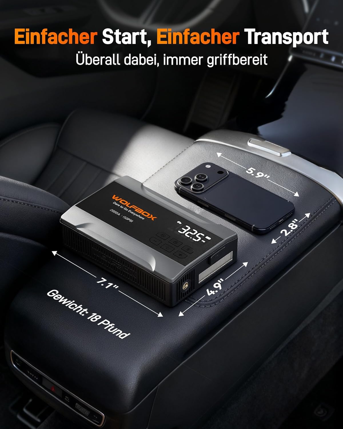 Thumbnail 5 de WOLFBOX 2000A Starthilfe Powerbank mit Luftkompressor (150 PSI) und LED-Notlicht, 10.000 mAh