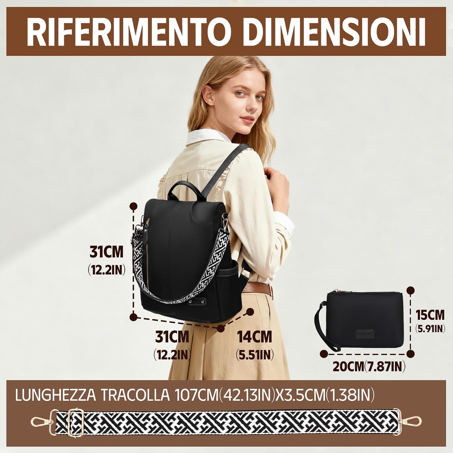 Thumbnail 2 de Zaino antifurto da Donna elegante e convertibile con protezione RFID e pochette abbinata