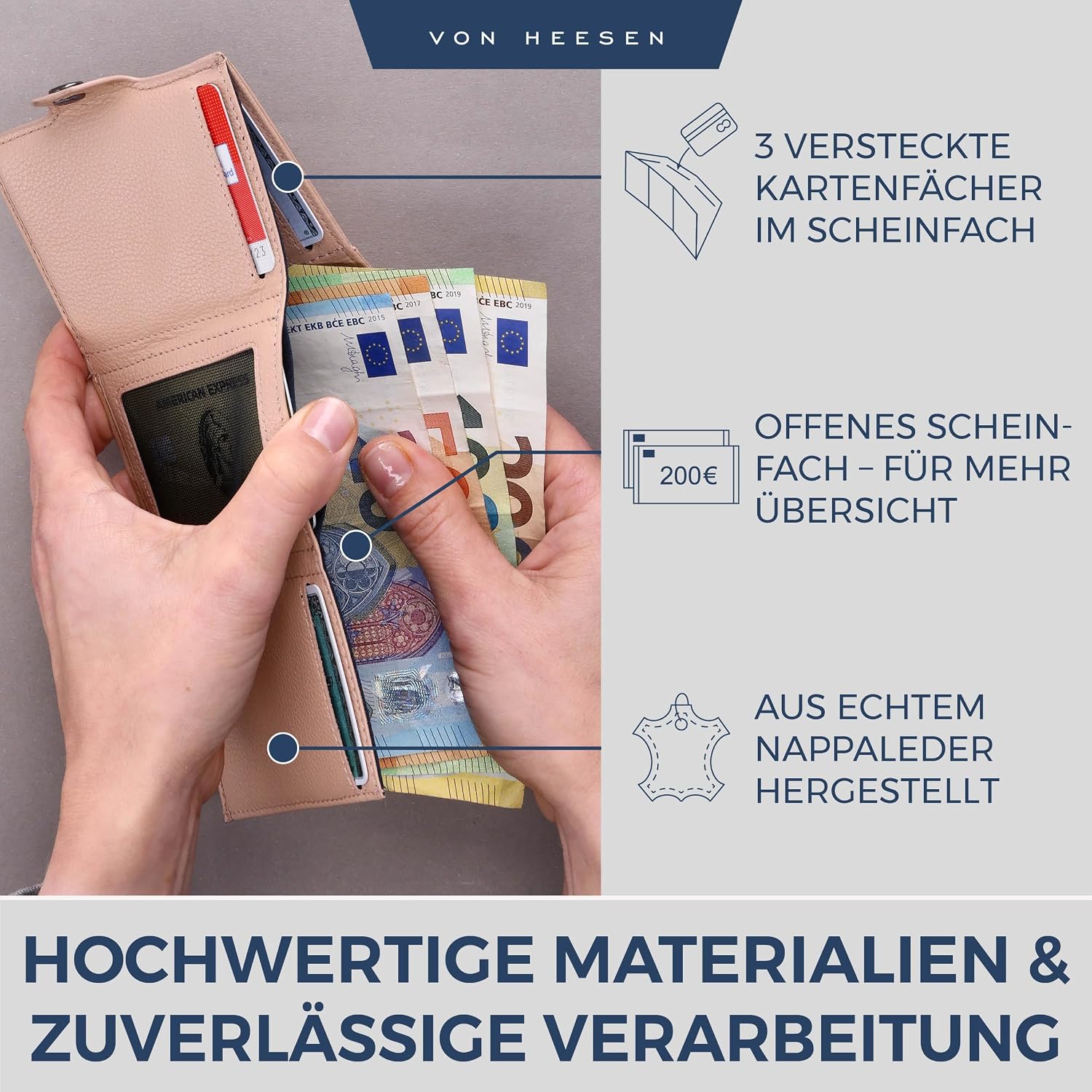 Thumbnail 3 de VON HEESEN Slim Wallet mit Münzfach, RFID-Schutz & Echtleder (Rose) – Kartenetui mit Geldklammer