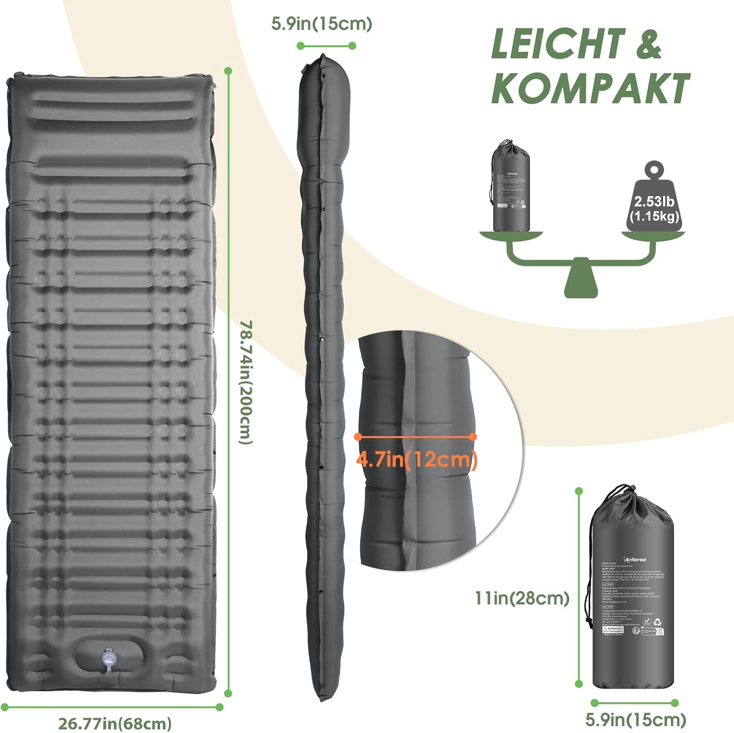 Thumbnail 2 de Arlierss Isomatte 12 cm Luftmatratze fürs Camping – mit Fußpresse, Pumpe und Kissen