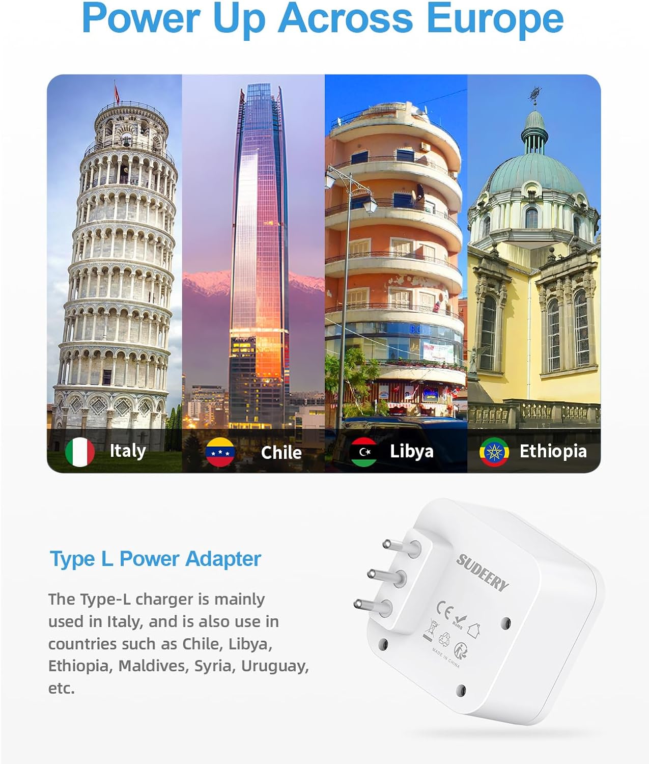 Detalle 2 de Deutschland Nach Italien Steckdose mit 4 USB (2 Typ-C) – 6-in-1 Reiseadapter für Italien und weitere Länder, Weiß