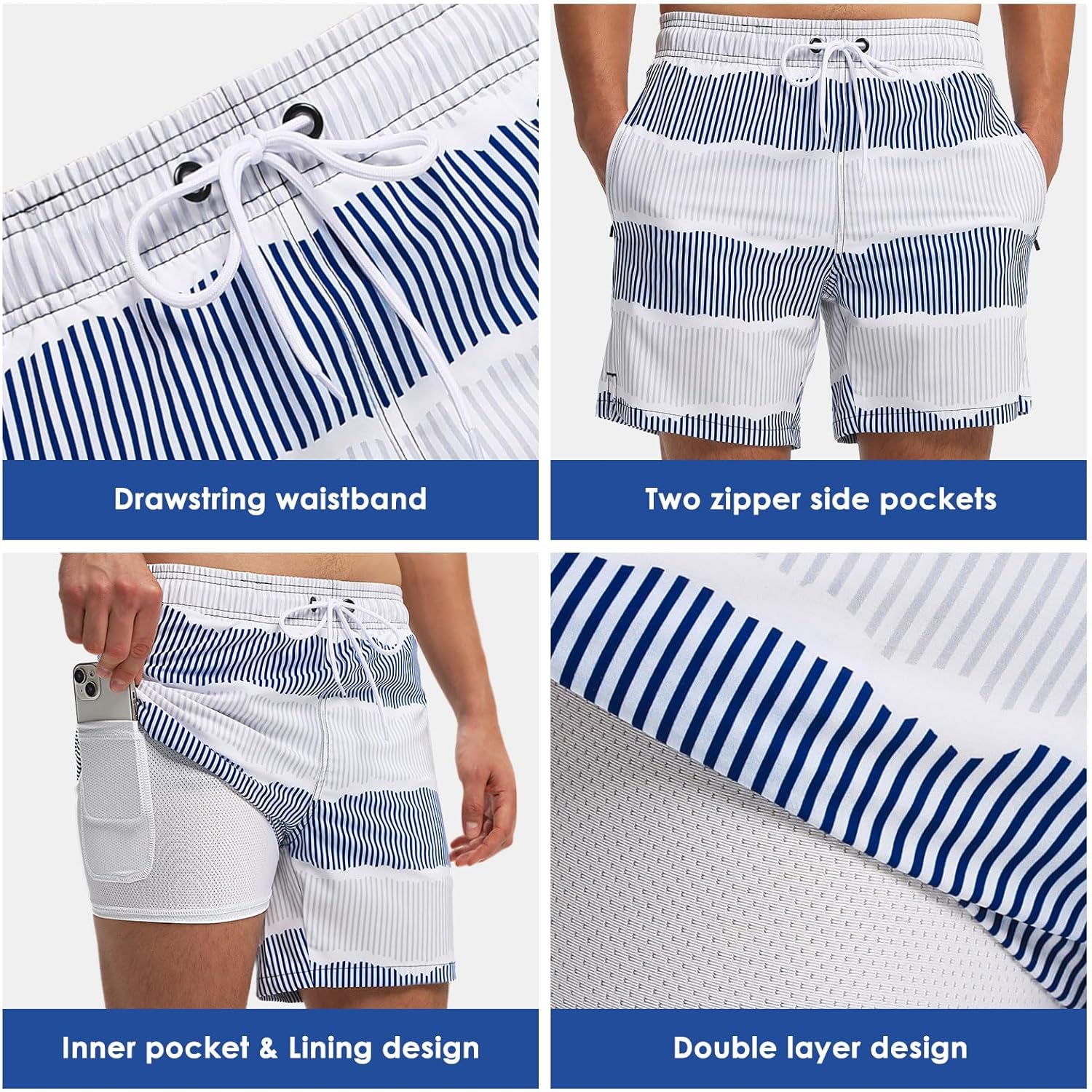 Thumbnail 2 de Badehose Herren 2-in-1 Schnelltrocknend – Kfnire Badeshorts mit Innenhose, Reißverschlusstaschen und Kordelzug