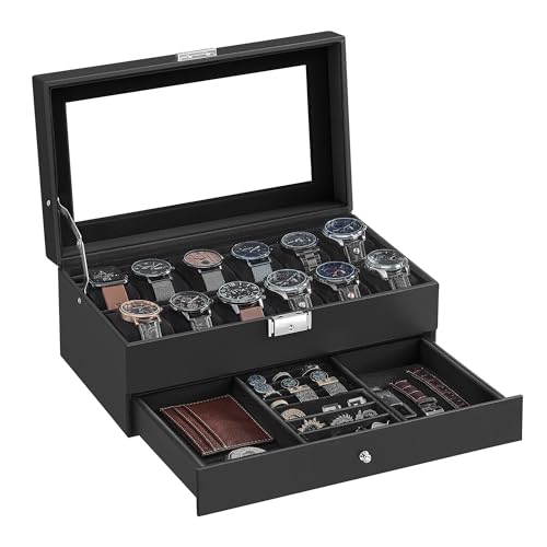 Detalle de SONGMICS Caja de Reloj JWB012B03: Estuche de 2 niveles para 12 relojes con tapa de cristal y cerradura