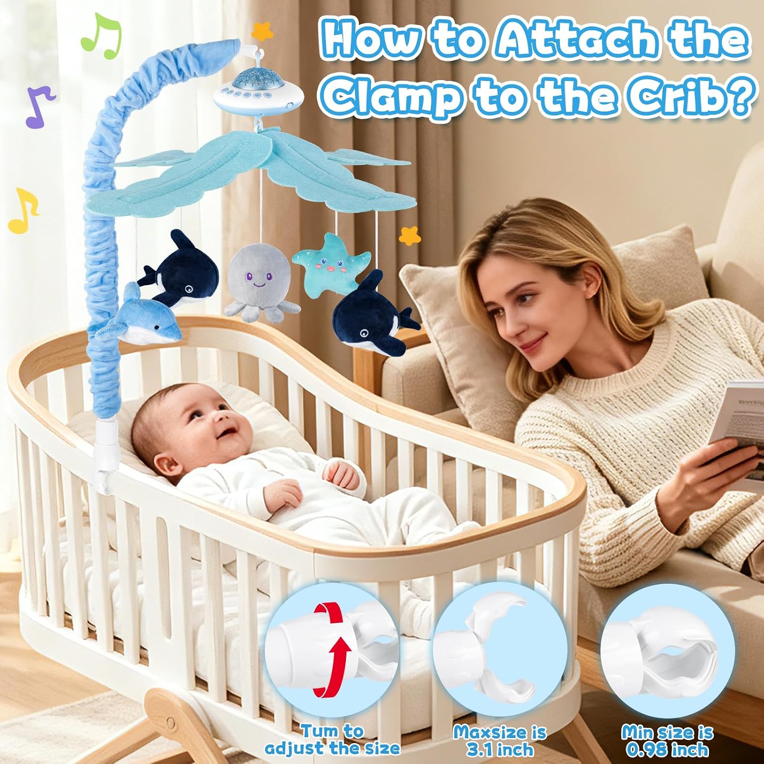 Detalle 2 de Playix Baby Crib Mobile with Music, 360° Rotation & Starlight Projection