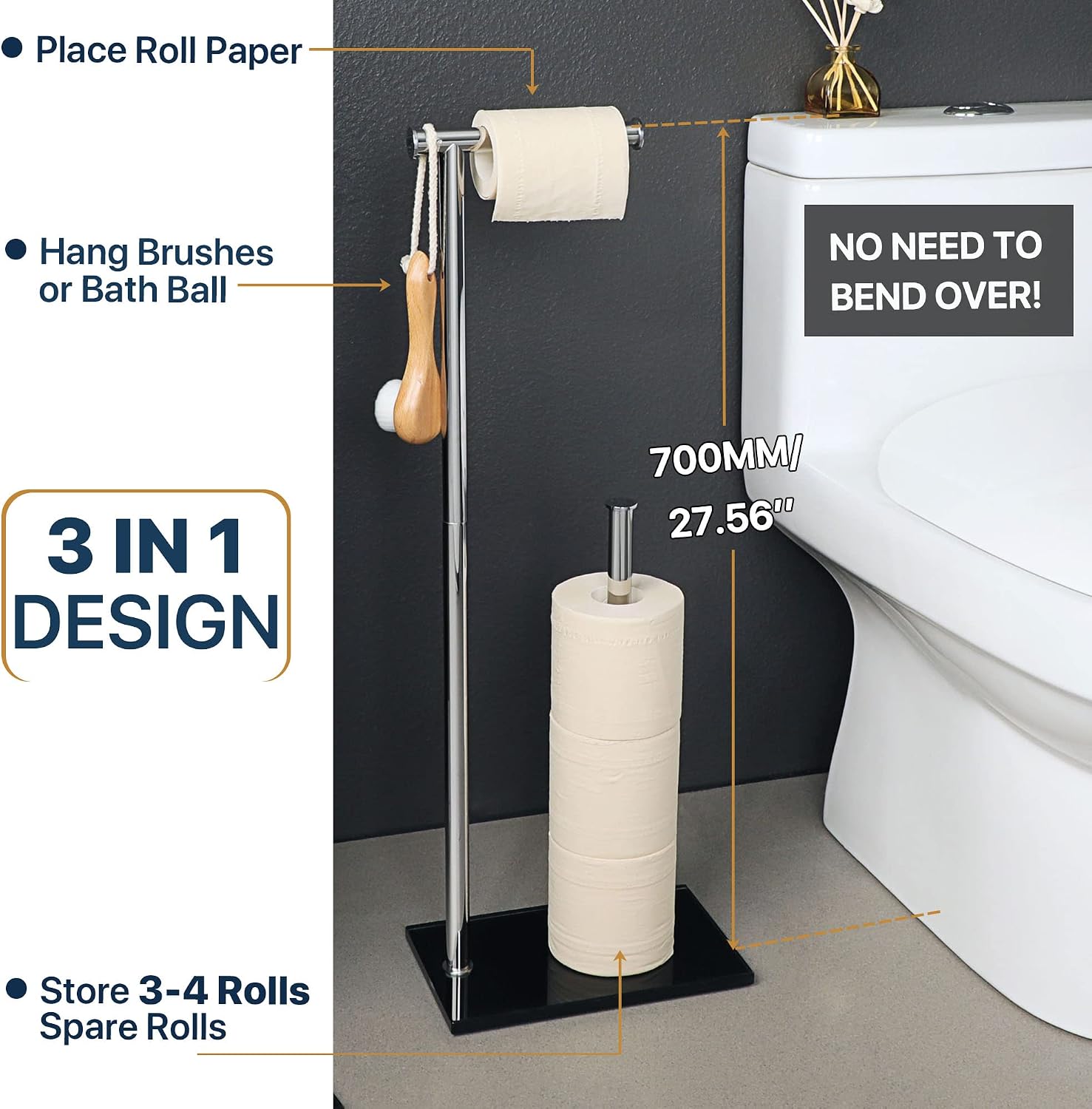 Thumbnail 3 de Sayayo Free Standing Chromed Toilet Roll Holder with Glass Base (70 cm) – SUS304 Stainless Steel, 12mm Glass, 3–4 Roll Storage