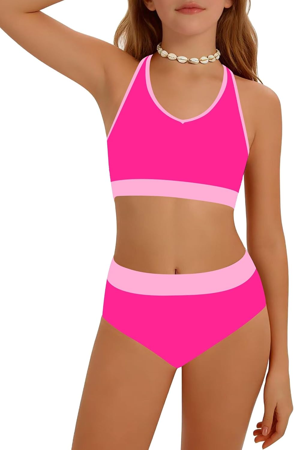 Detalle de Girls Color-Block High Waist Sporty Two-Piece Swimsuit Set (7–16T)