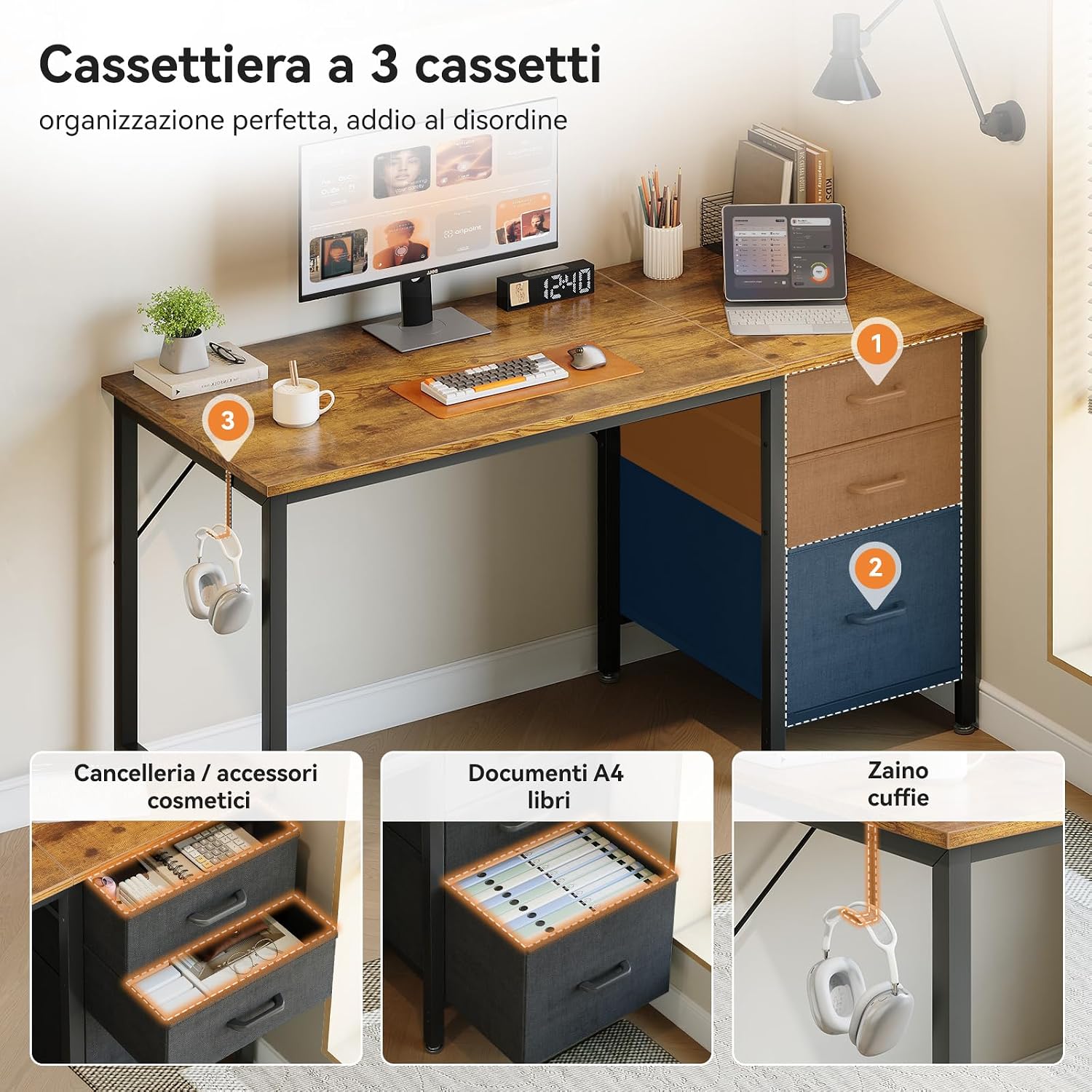 Thumbnail 3 de Coleshome Scrivania con 3 Cassetti in Tessuto, 120x48cm – Scrivania salvaspazio reversibile per ufficio domestico