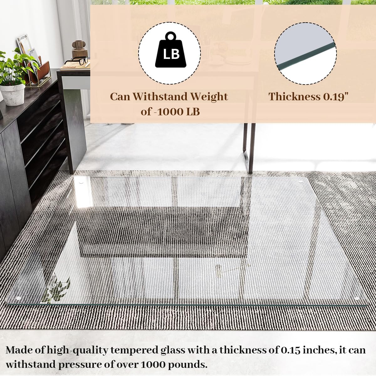 Detalle de Koonmi K-GlassMat 4655-5MM Glass Chair Mat, 46 x 55-Inch Tempered Glass