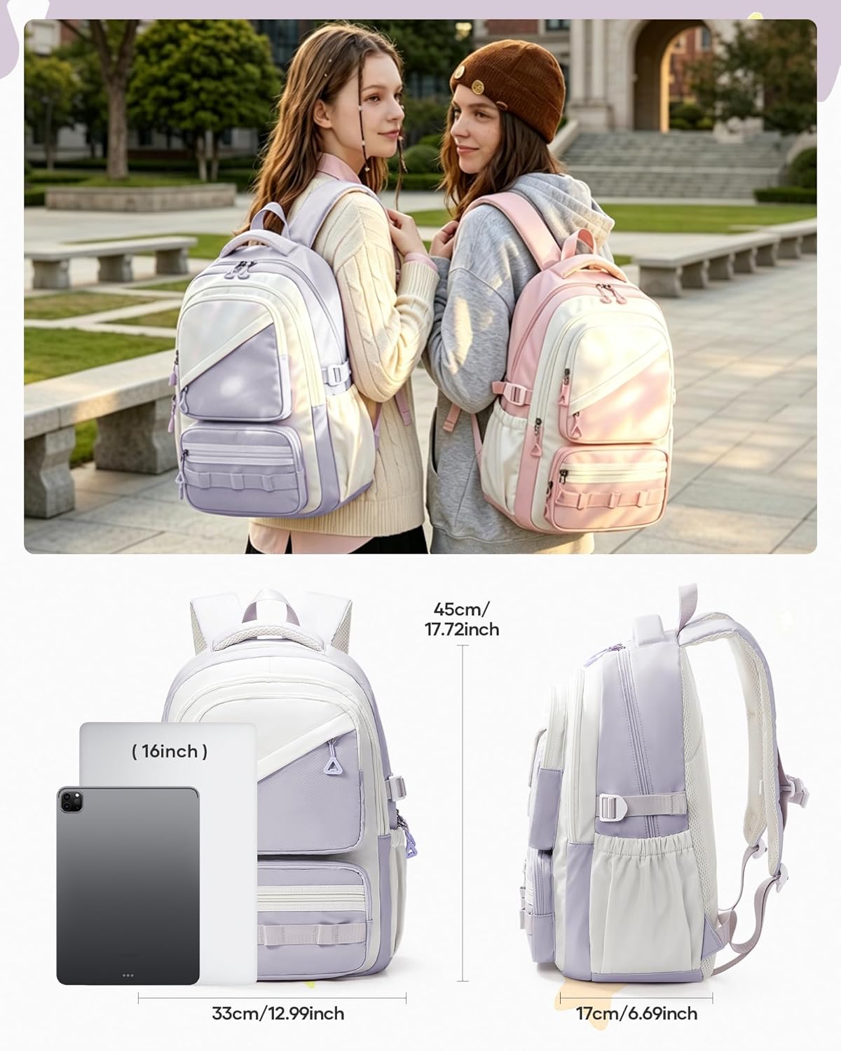Thumbnail 1 de Schulrucksack Mädchen Lila Teenager – Ästhetischer Rucksack Violett Pastell mit Transparentem Fach
