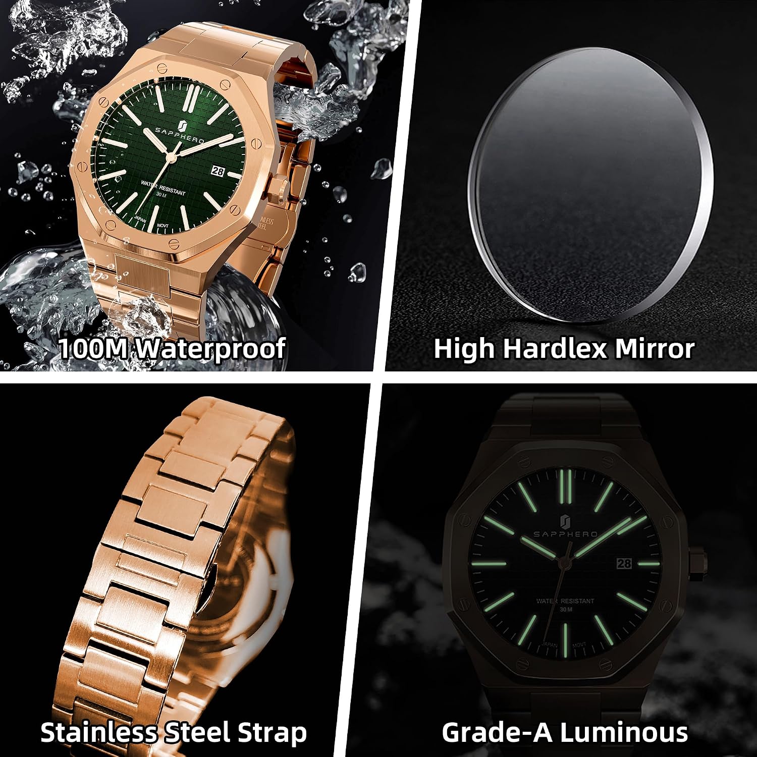 Detalle de SAPPHERO Montre Homme octogonale 10ATM en acier 316L à cadran damier