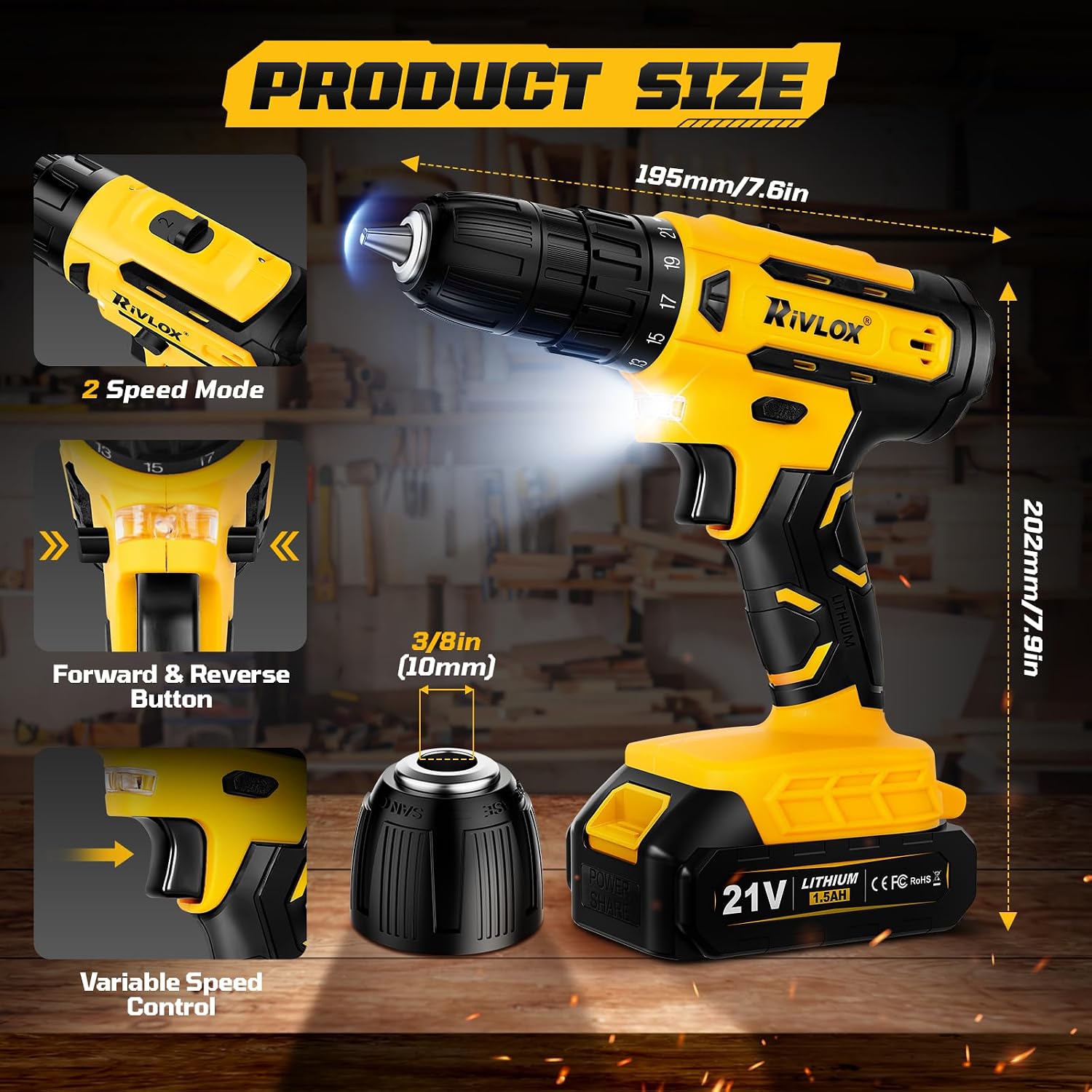 Thumbnail 1 de Rivlox Cordless Drill Set 21V – 21+1 Torque Combi Drill with 1.5Ah Battery and UK Charger