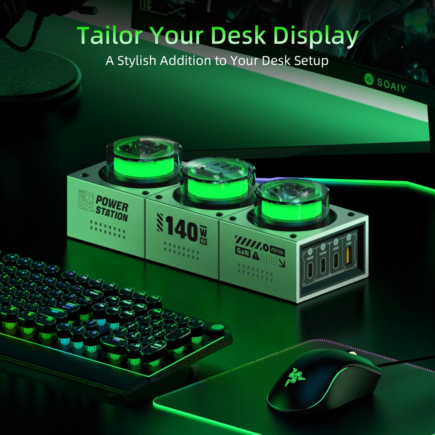 Detalle 2 de Mfish E-Tank 140W GaN Desktop Charging Station (7-in-1) with 3 AC Outlets and 4 USB-C Ports