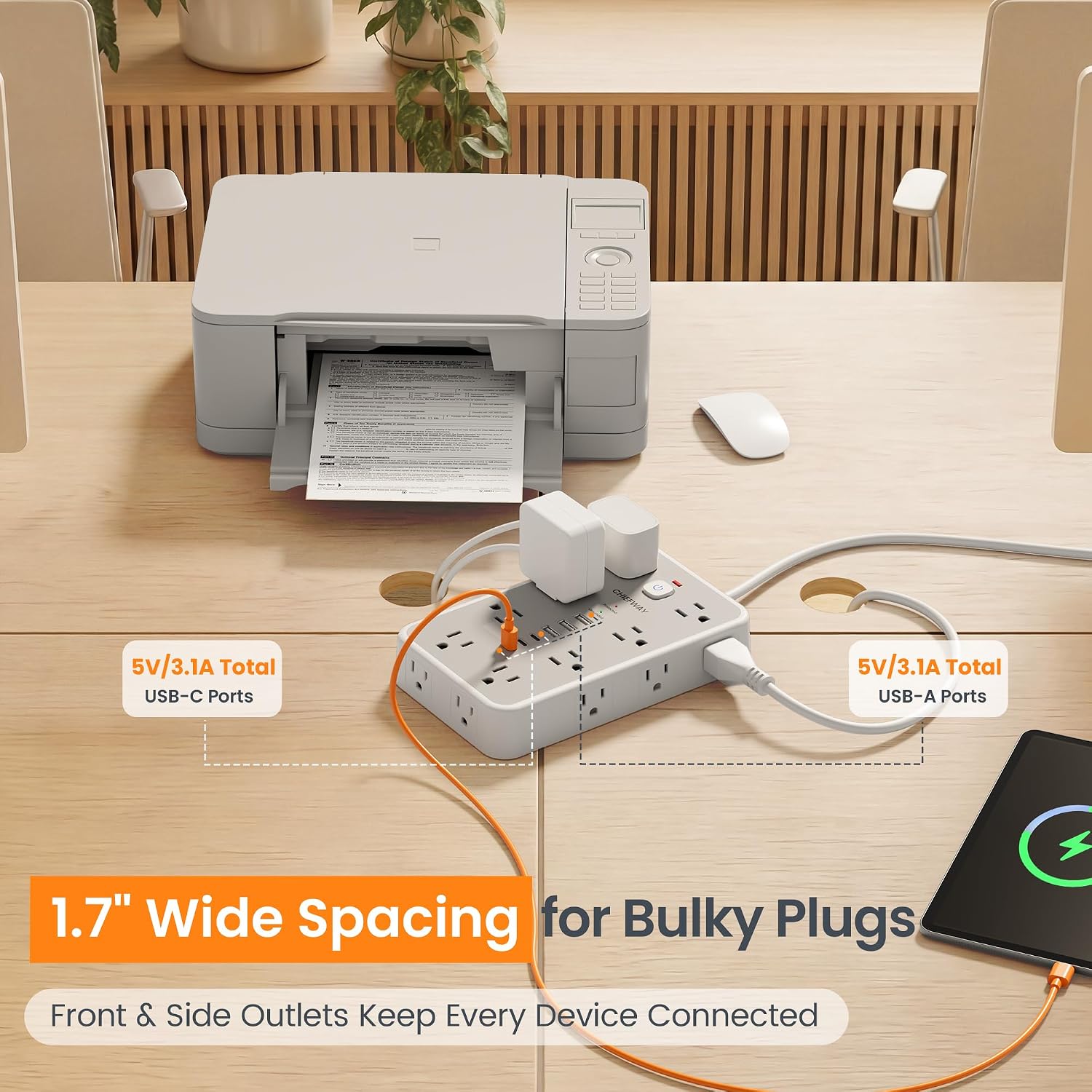 Detalle de Surge Protector Power Strip with 6 USB Ports and 16 Outlets — 6ft Flat Plug, 2400J