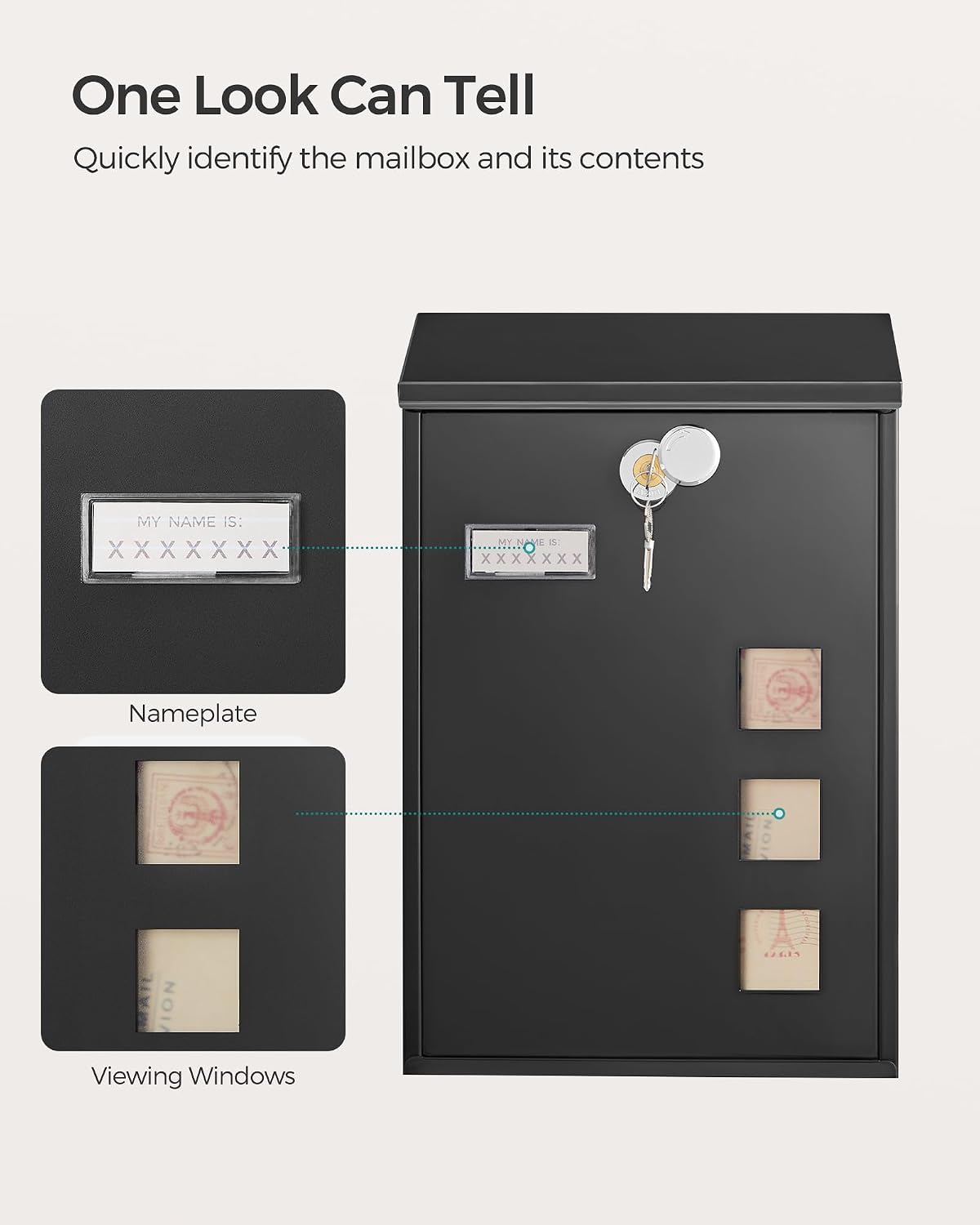 Detalle de SONGMICS GMB031B02 modern wall-mounted post box with viewing windows, nameplate and lock