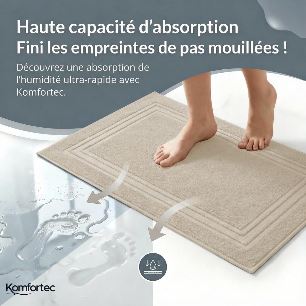 Thumbnail 2 de Komfortec Lot de 2 Tapis de Bain en coton absorbant 600 g/m² — Beige 50 x 70 cm
