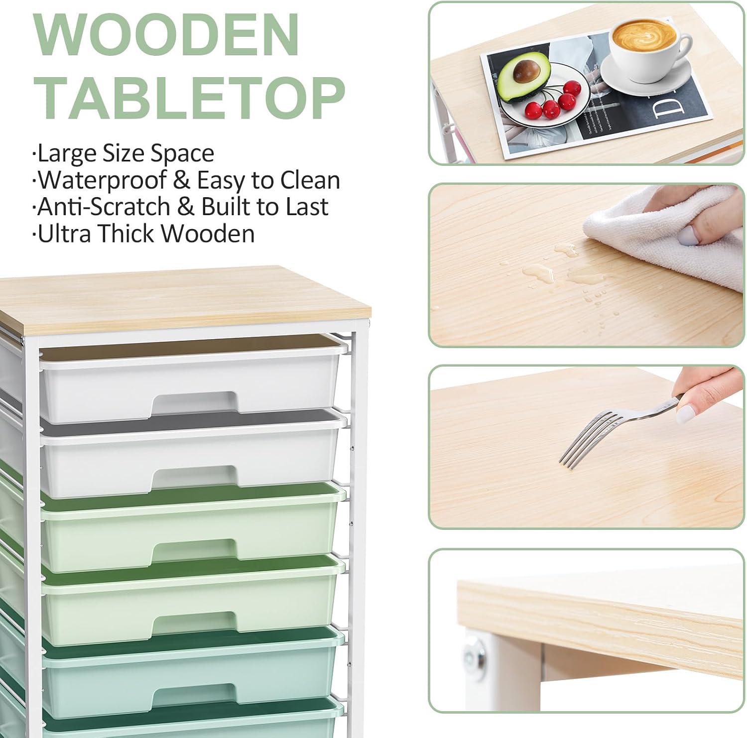 Detalle 2 de SYKIARIOL 1250-4 Rolling Storage Cart, 8 Drawers, Green, Wooden Top