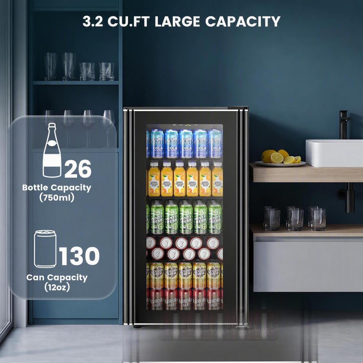 Detalle 2 de Electactic W5899H Beverage Refrigerator, 3.2 cu. ft., Glass Door and Adjustable Shelves