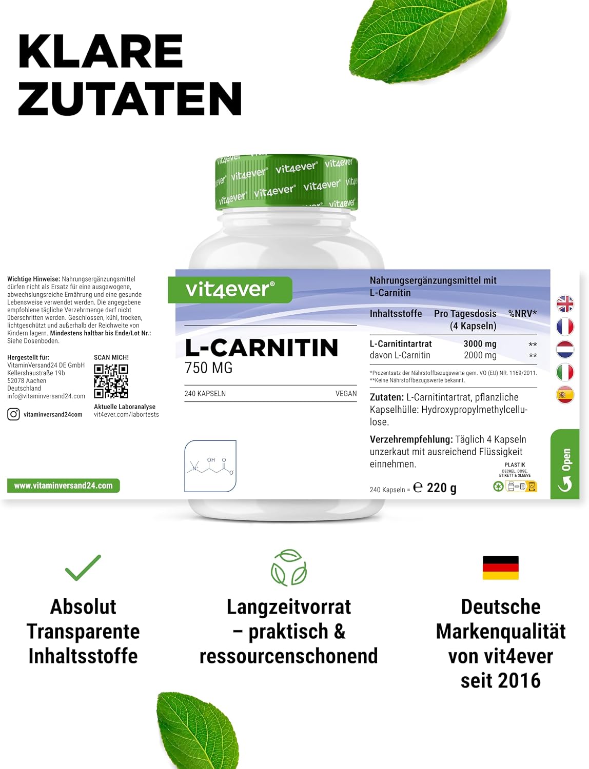 Detalle 1 de L-Carnitin von vit4ever, 240 Kapseln