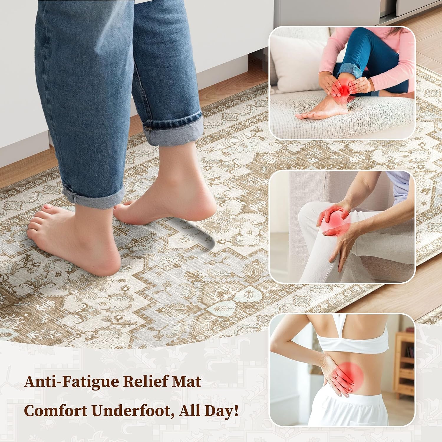 Detalle de Boho Kitchen Mats for Floor 2 Piece Set - Anti Fatigue Cushioned PVC Rugs with Non-Slip Waterproof Backing (Beige Tan, 23.6" x 39" + 23.6" x 59")