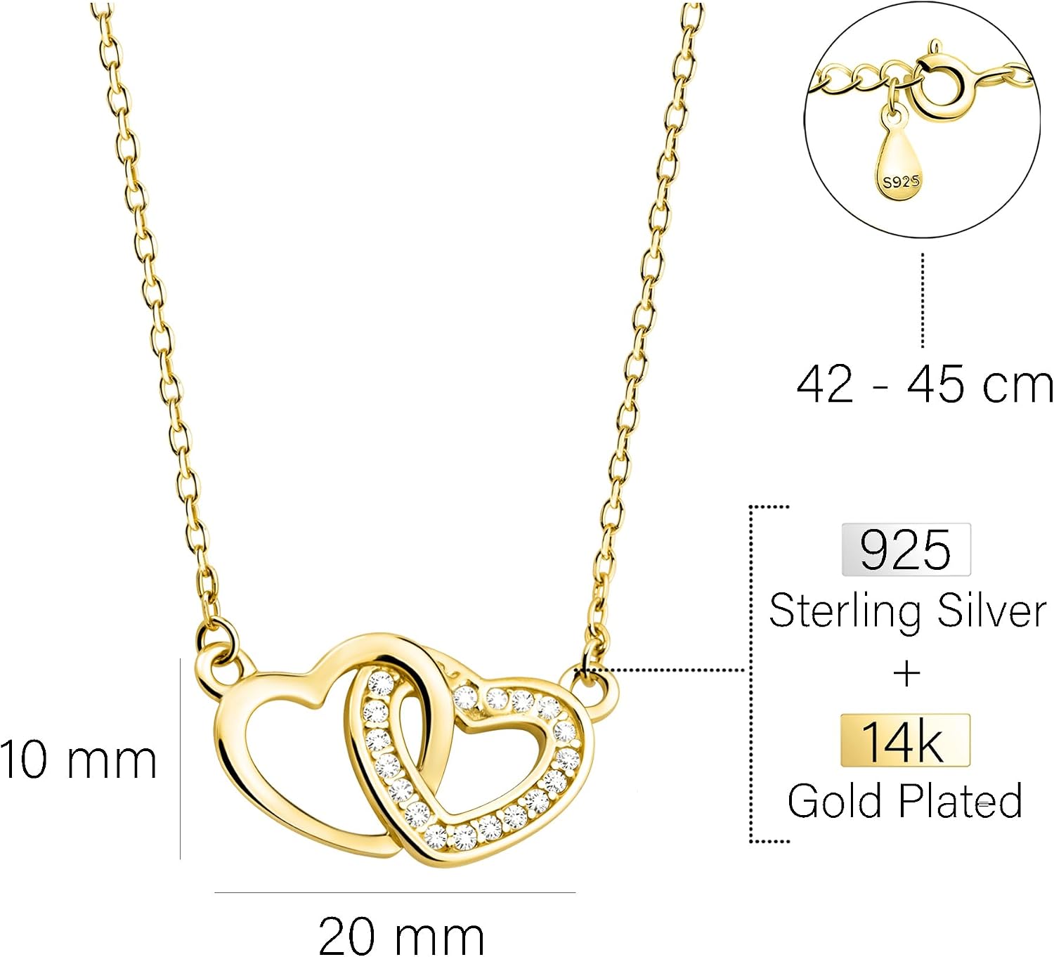 Detalle de Sofia Milani Damen Halskette 925 Silber – Doppelherz Anhänger mit Zirkonia