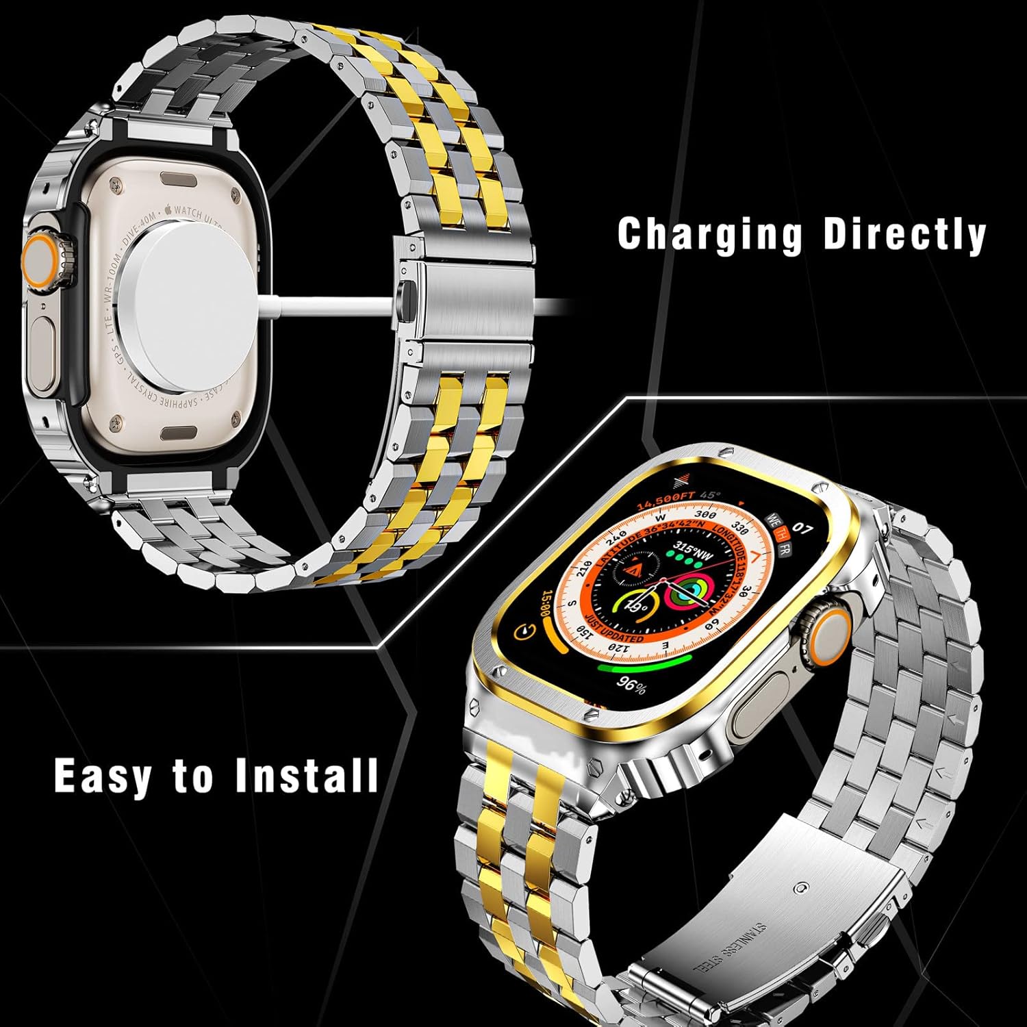 Detalle de SUPLINK Stainless Steel Case with Strap for Apple Watch Ultra 3/2/1 & SE 3/2/1 & Series 11–1, 49mm–38mm
