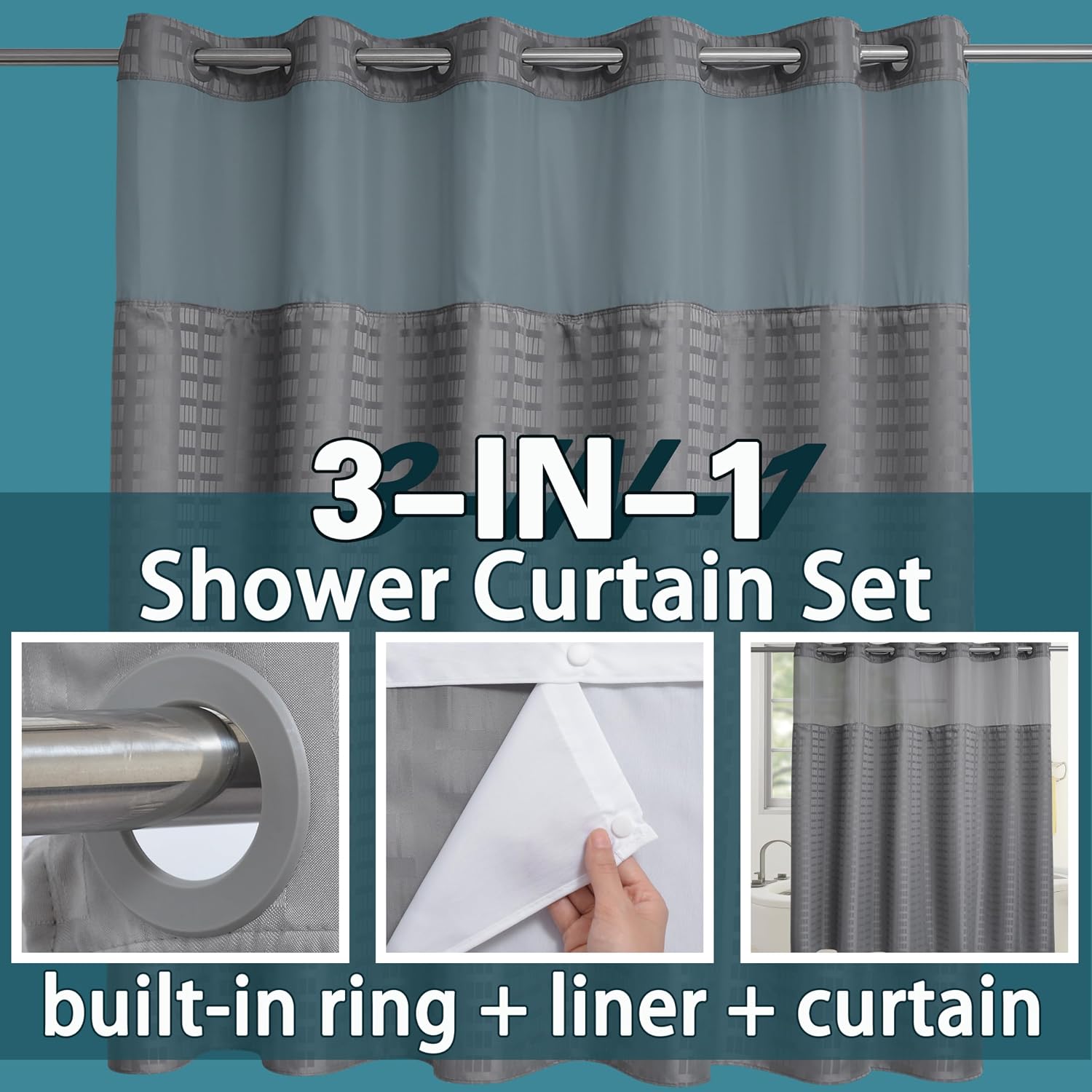 Detalle de Conbo Mio Extra-Wide Hotel-Style Shower Curtain, Check-Grey, 108" x 74