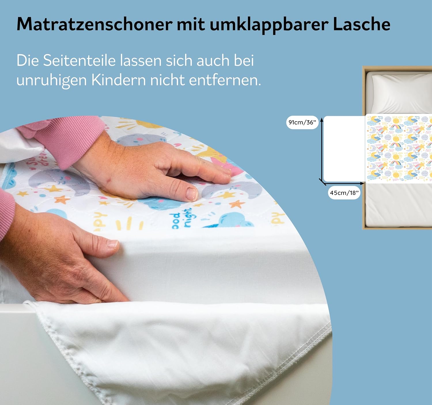 Detalle de Bedwetz® Bettunterlagen für Töpfchentraining, 100% wasserdicht – 86 x 91 cm (Plus Biesen), Mond-Design, 2er-Set