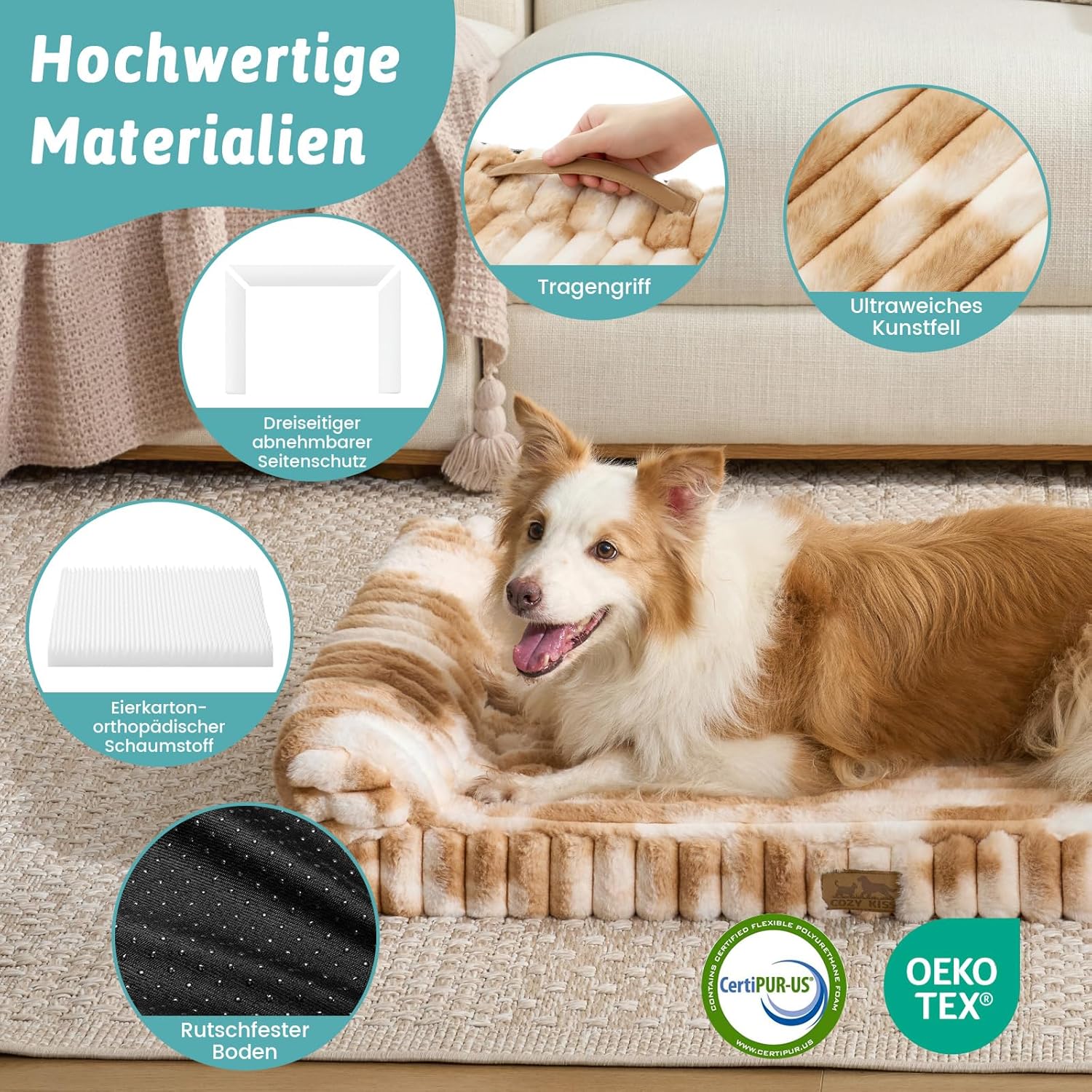 Detalle de COZY KISS Orthopädisches Hundebett für Große Hunde 90x68x15 cm – Komfortables Tierkörbchen mit Kunstfell, rutschfestem Boden und abnehmbarem Überzug