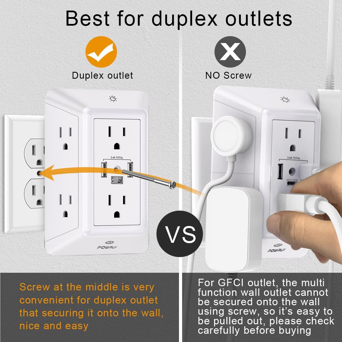 Detalle de POWRUI AHR-508 3-Sided Outlet Extender with Surge Protection, USB-C & Night Light