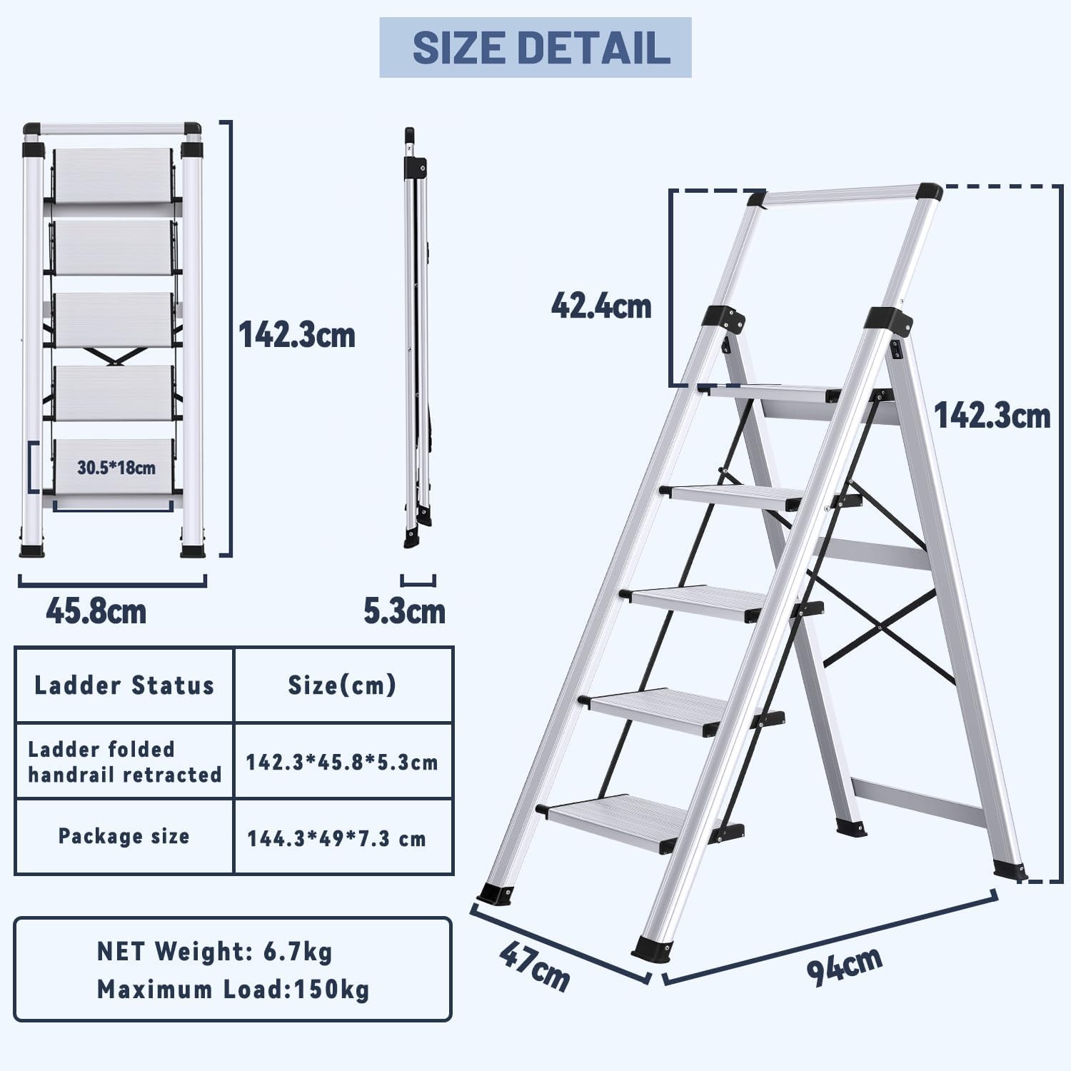 Thumbnail 4 de XinSunho Scala Alluminio 5 Gradini pieghevole con vaschetta portaoggetti e corrimano estraibile (portata 150 kg)