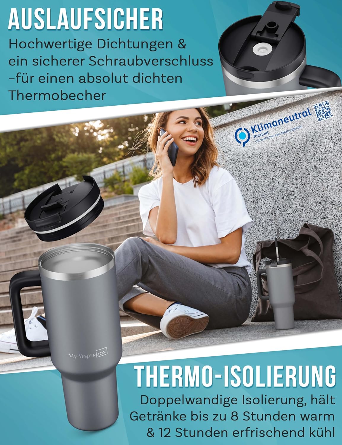 Thumbnail 2 de My Vesperbox Kinny Cup – Edelstahl Thermobecher mit Henkel & Strohhalm (500/950/1200 ml)