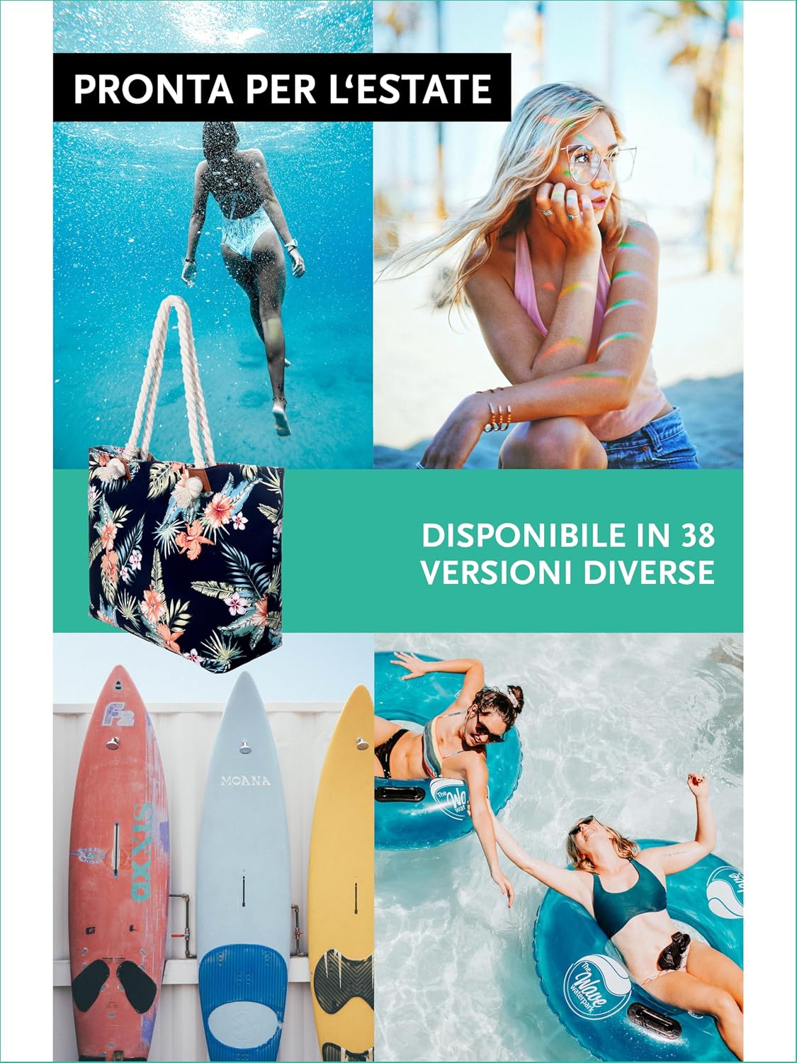Detalle 2 de DonDon Grande borsa da spiaggia idrorepellente con cerniera e tracolla (formato shopper)