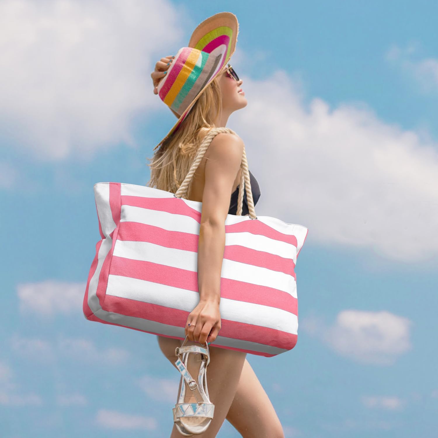 Detalle de oscaurt Large Waterproof Beach Bag with Zip & Rope Handle (Large Tote)