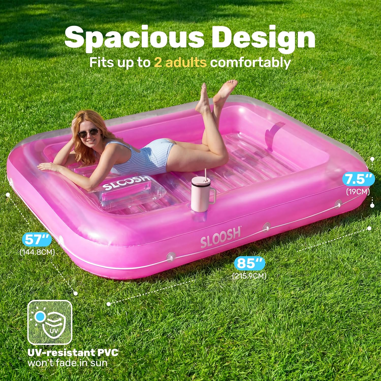 Thumbnail 1 de SLOOSH Inflatable Tanning Pool Lounger Float (85" x 57"), XL Pink