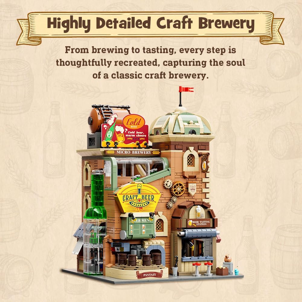 Detalle de PANTASY Craft Beer Brewery Building Set for Adults – Vintage Microbrewery Model with Modular Architecture